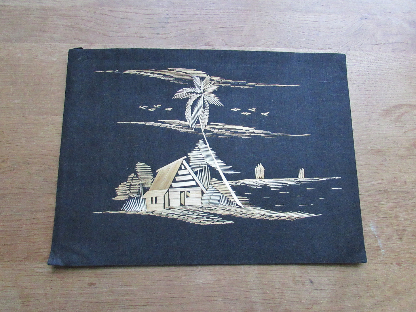 Set of three vintage Asian straw art pictures