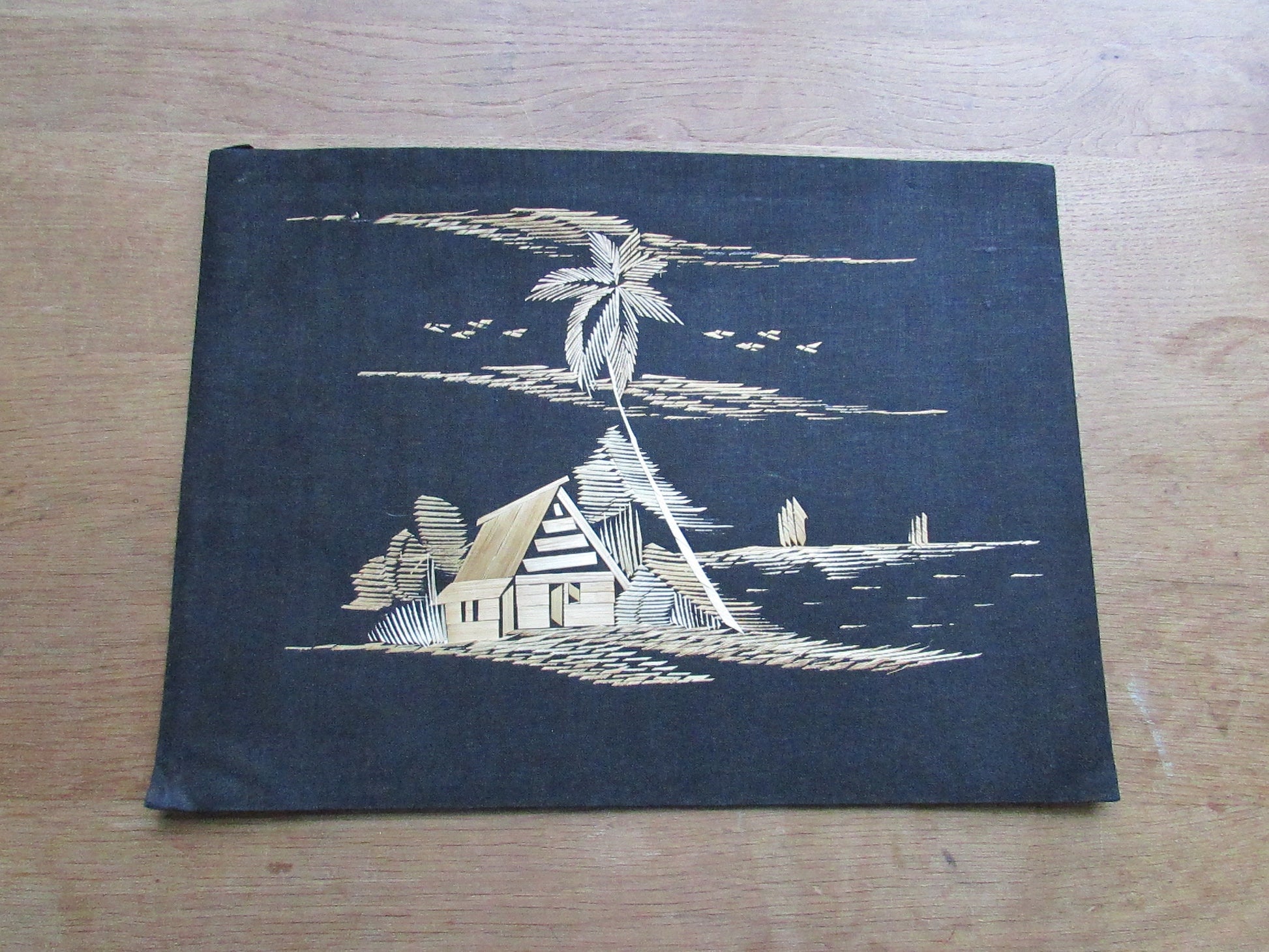 Set of three vintage Asian straw art pictures