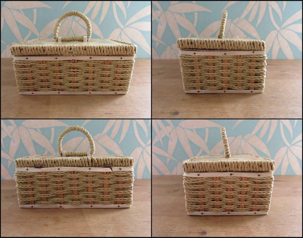 1960s floral plastic top wicker sewing box with fabric-covered lining