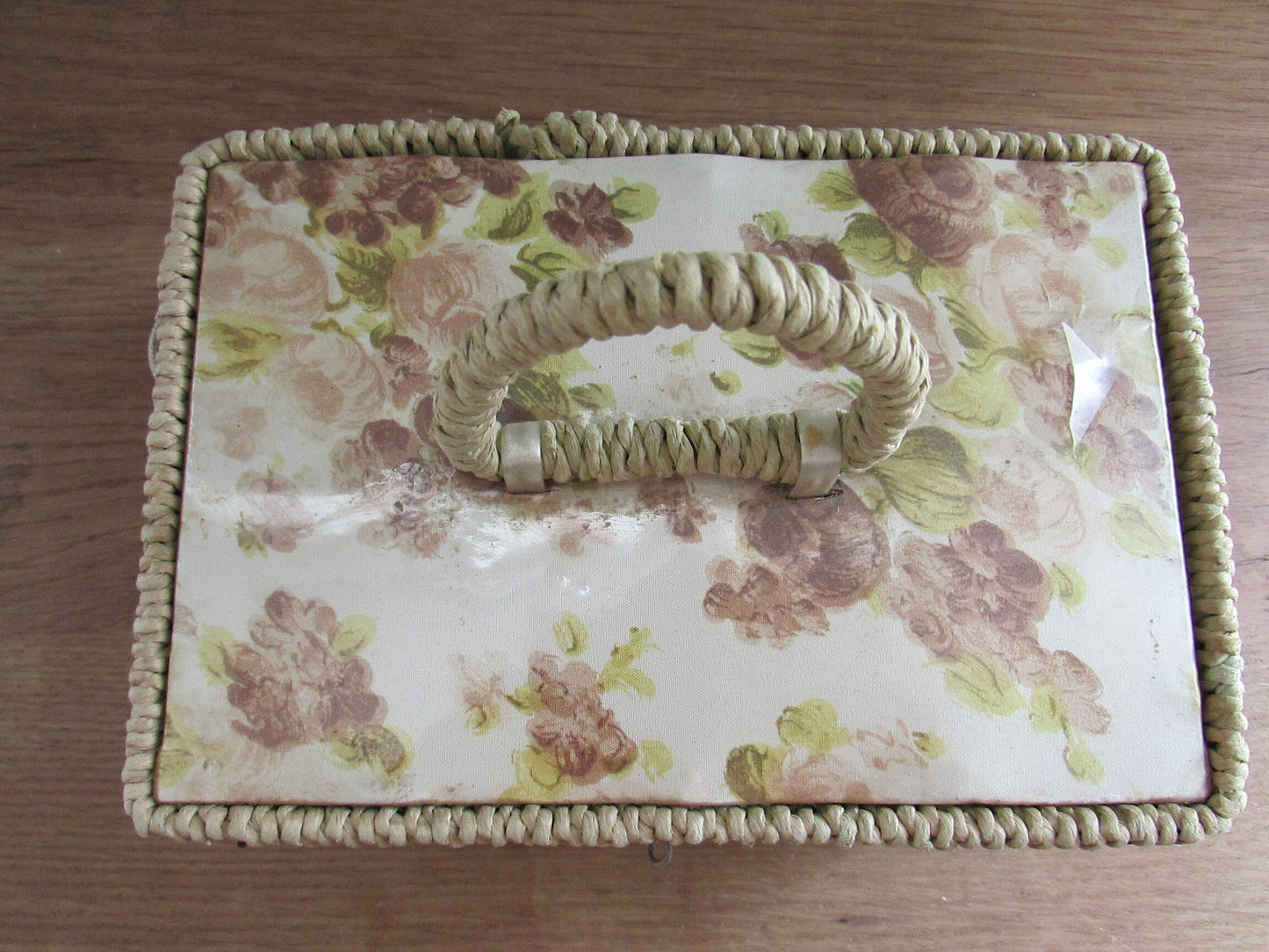 1960s floral plastic top wicker sewing box with fabric-covered lining