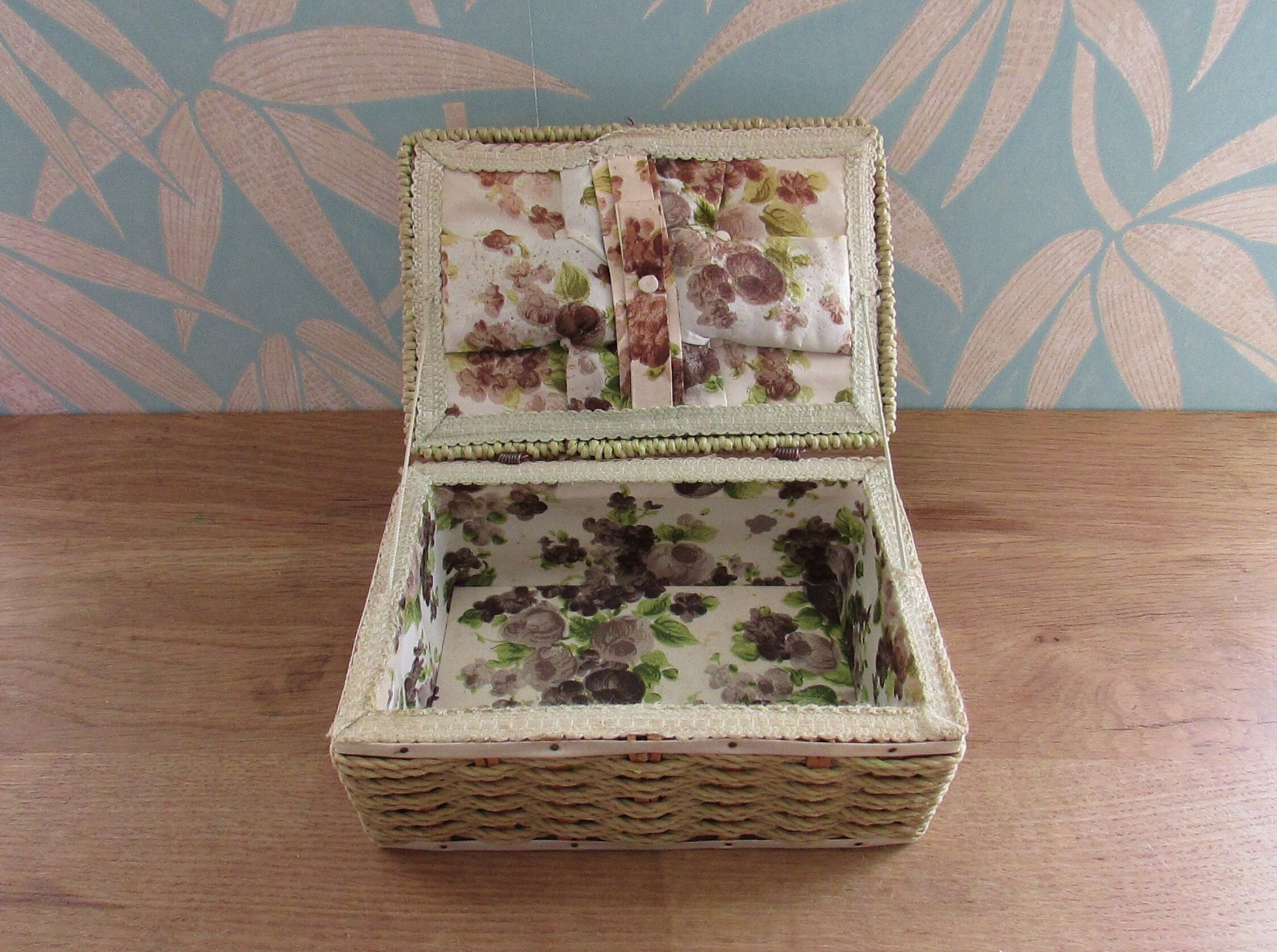 1960s floral plastic top wicker sewing box with fabric-covered lining