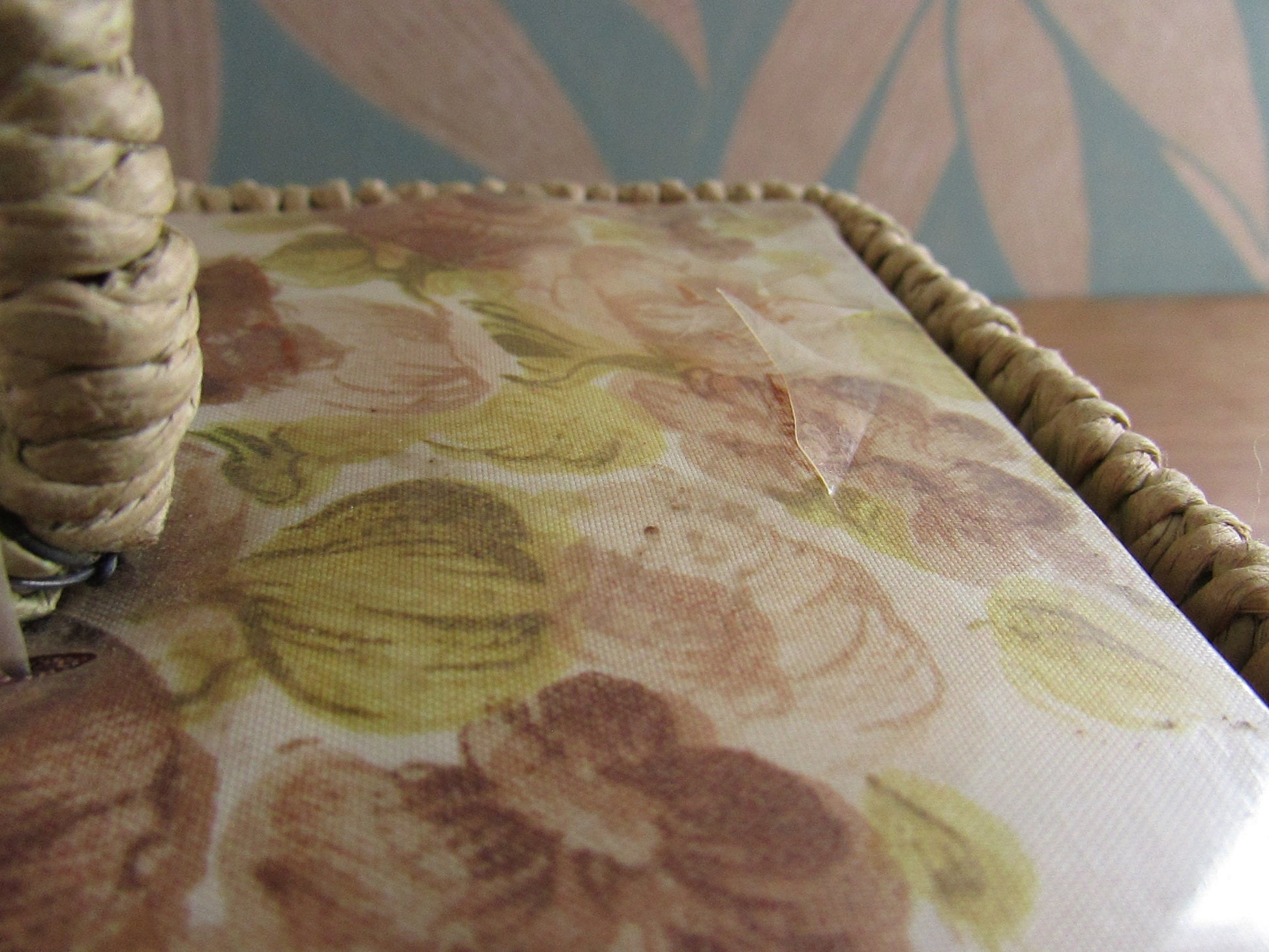 1960s floral plastic top wicker sewing box with fabric-covered lining