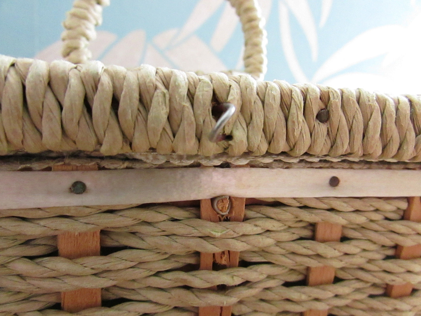 1960s floral plastic top wicker sewing box with fabric-covered lining