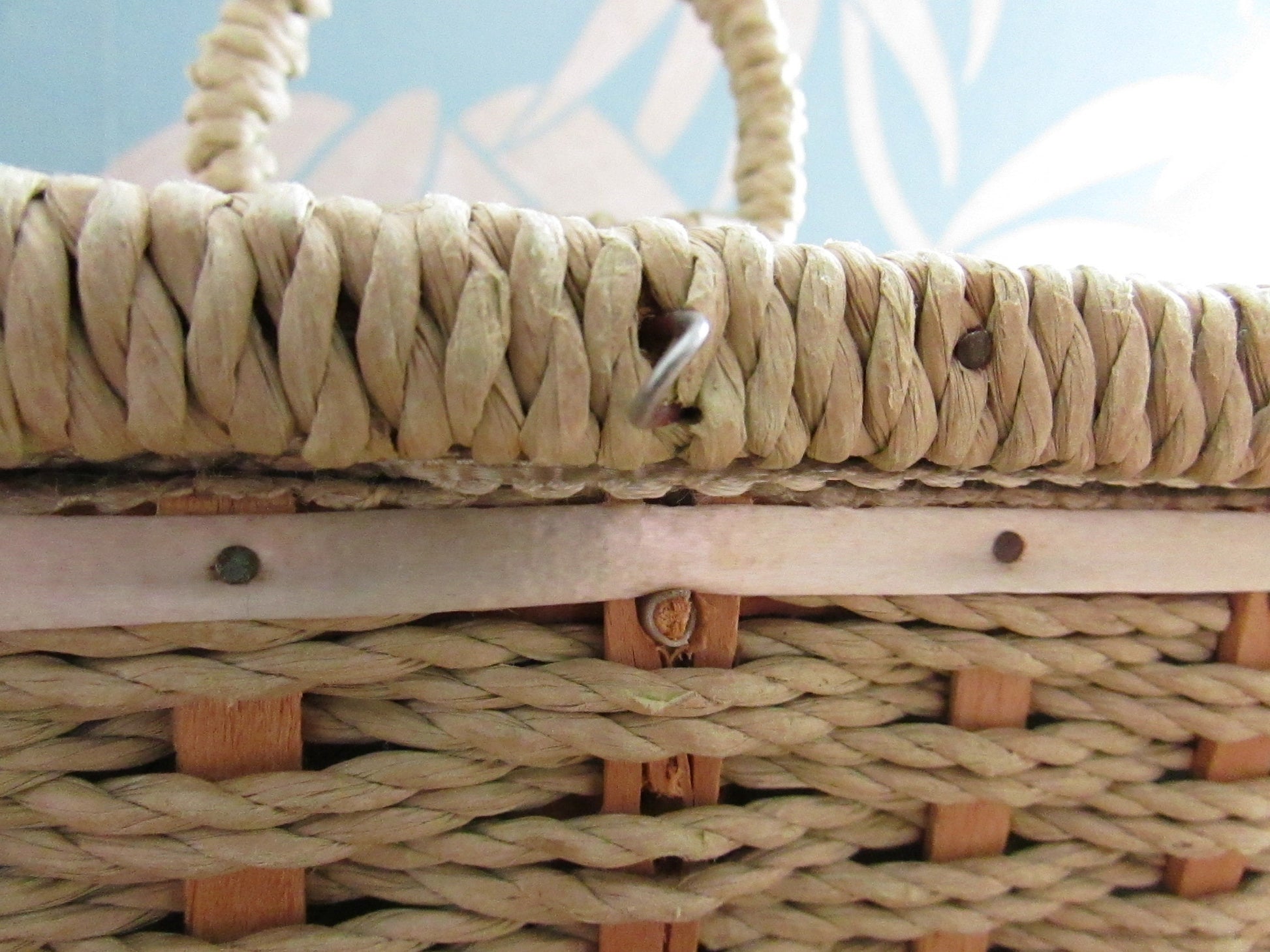 1960s floral plastic top wicker sewing box with fabric-covered lining