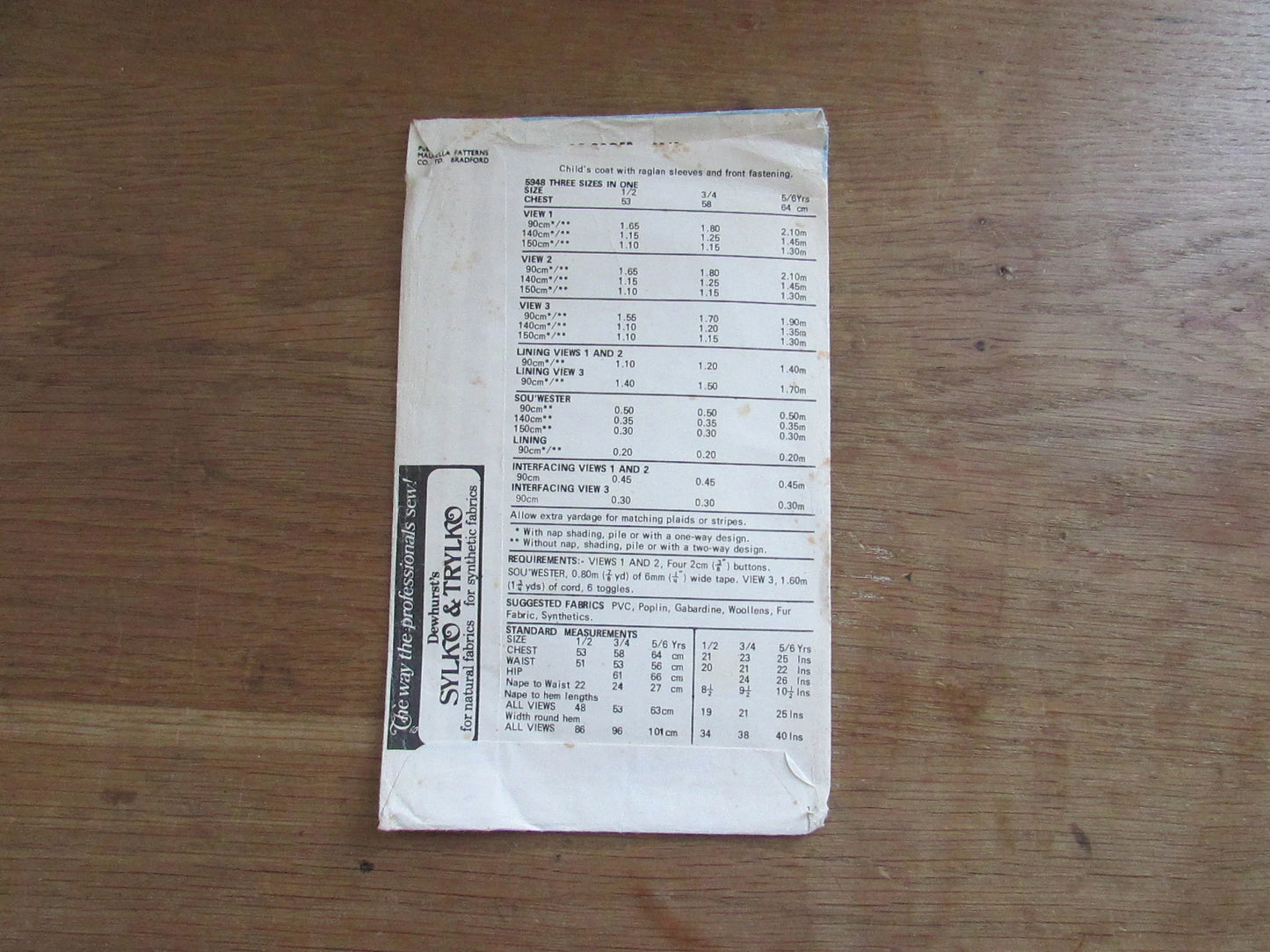 Uncut 1970s Maudella 5948 sewing pattern for child's coat with raglan sleeves & front fastening, sizes 1/2-3/5-5/6 years (complete)