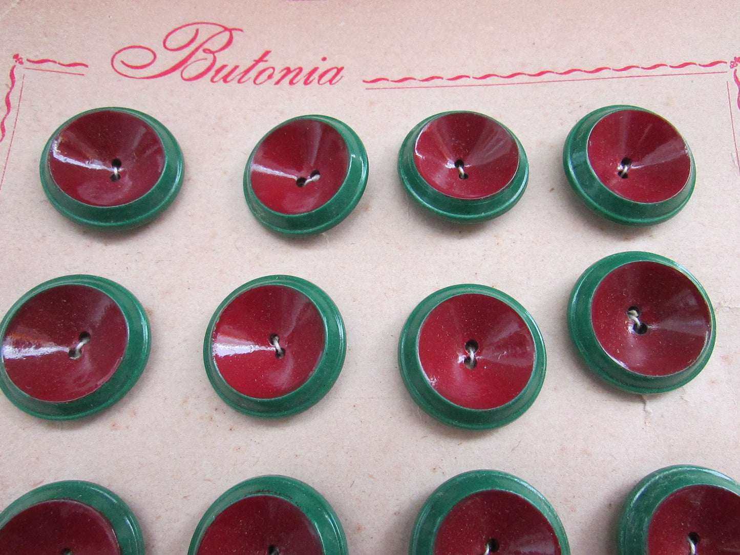 1960s Butonia carded two-tone green/maroon buttons x24