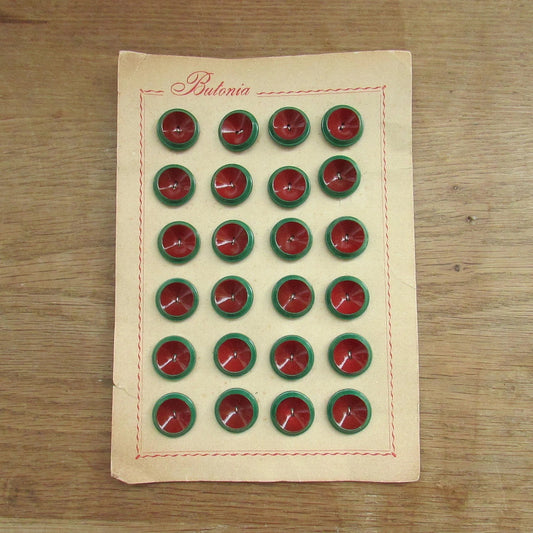 1960s Butonia carded two-tone green/maroon buttons x24