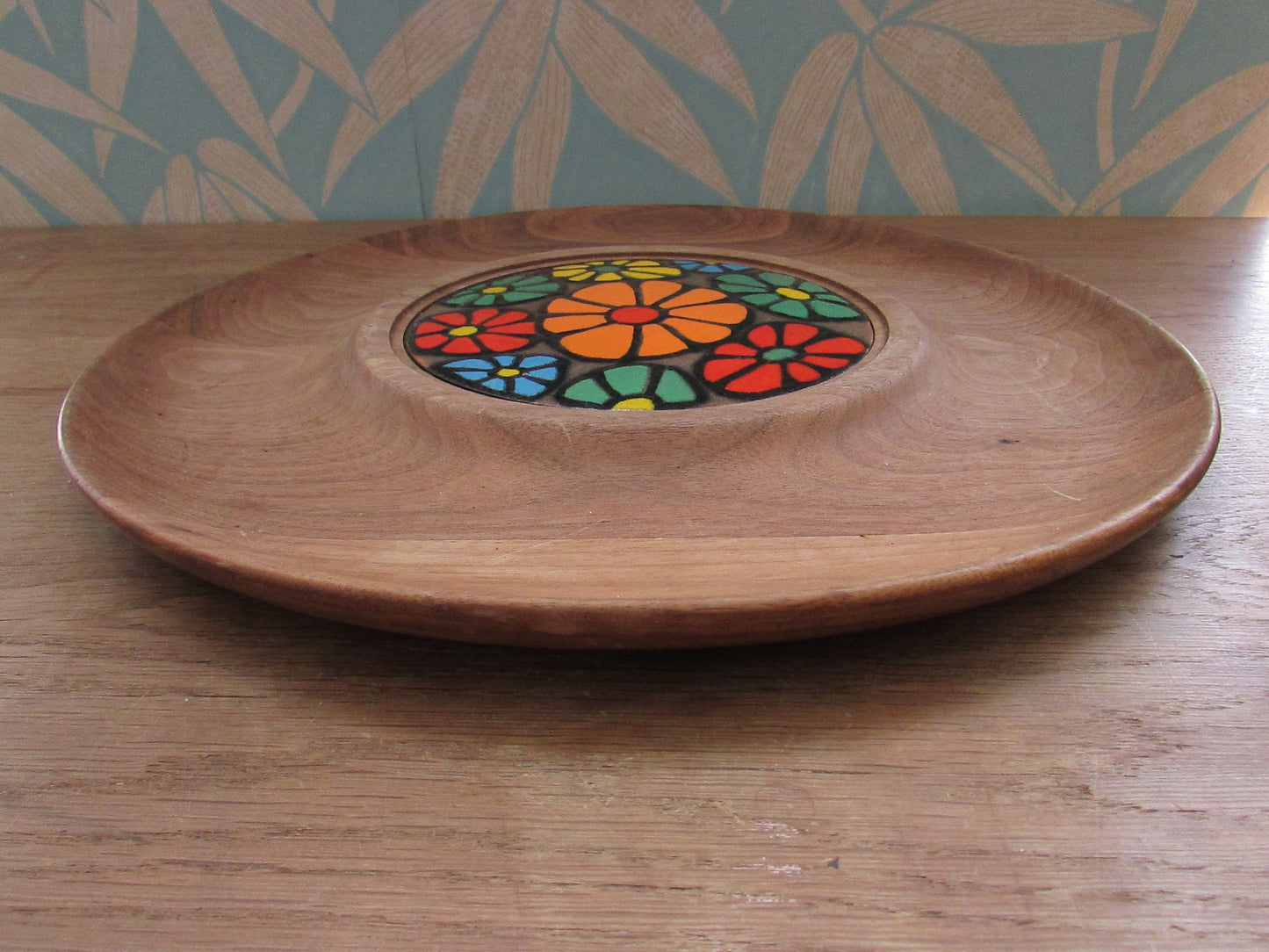 1960s walnut cheese tray with enamelled floral insert, designed by Ernest Sohn