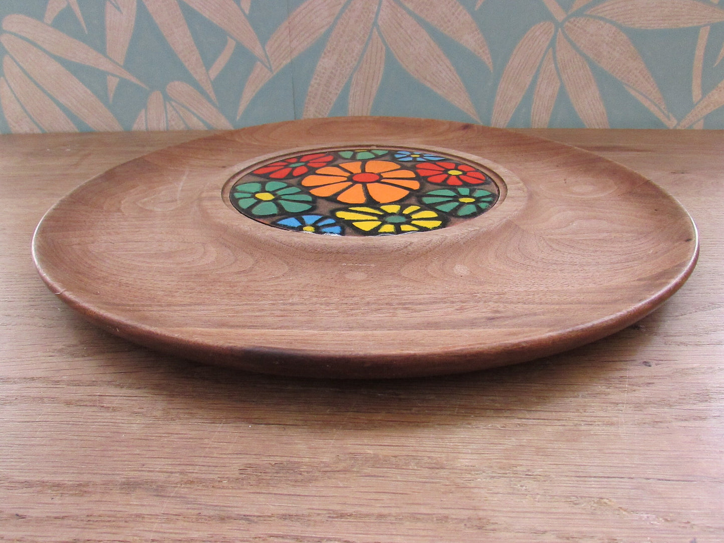 1960s walnut cheese tray with enamelled floral insert, designed by Ernest Sohn