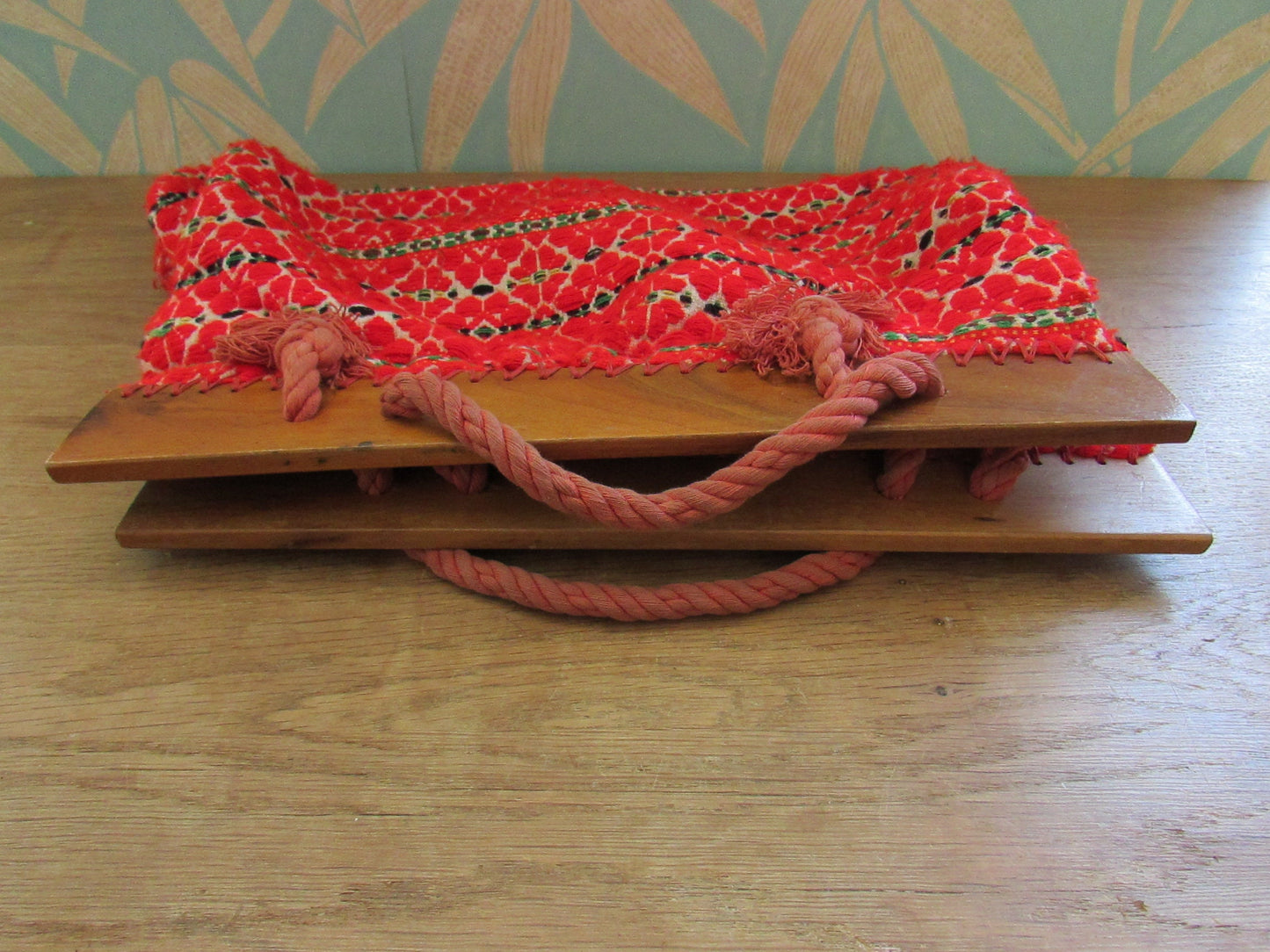 Vintage red wool-mix knitting bag with rope & wood handle