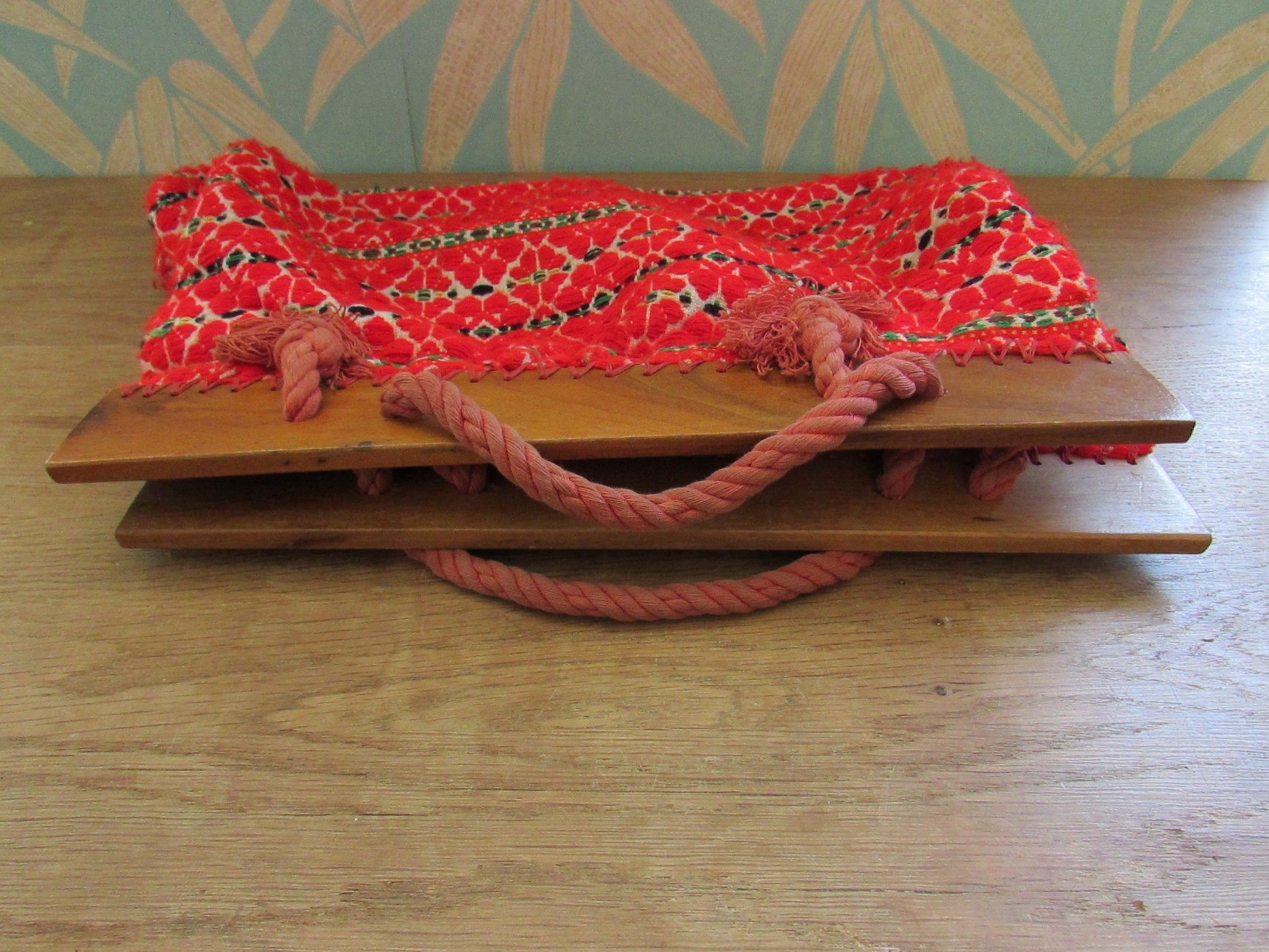 Vintage red wool-mix knitting bag with rope & wood handle