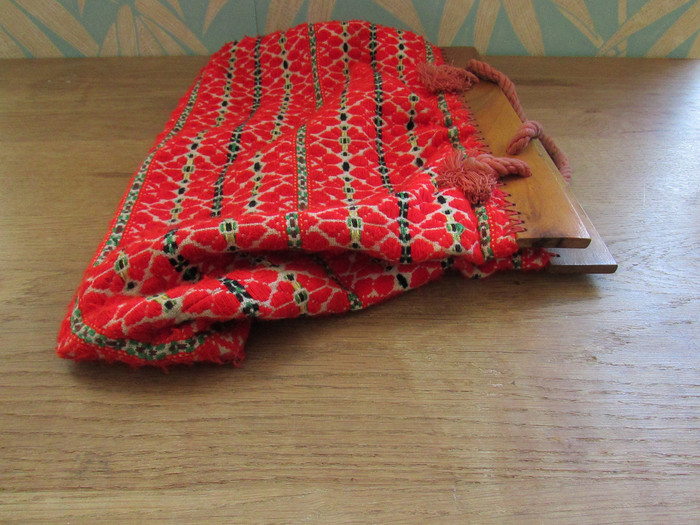 Vintage red wool-mix knitting bag with rope & wood handle