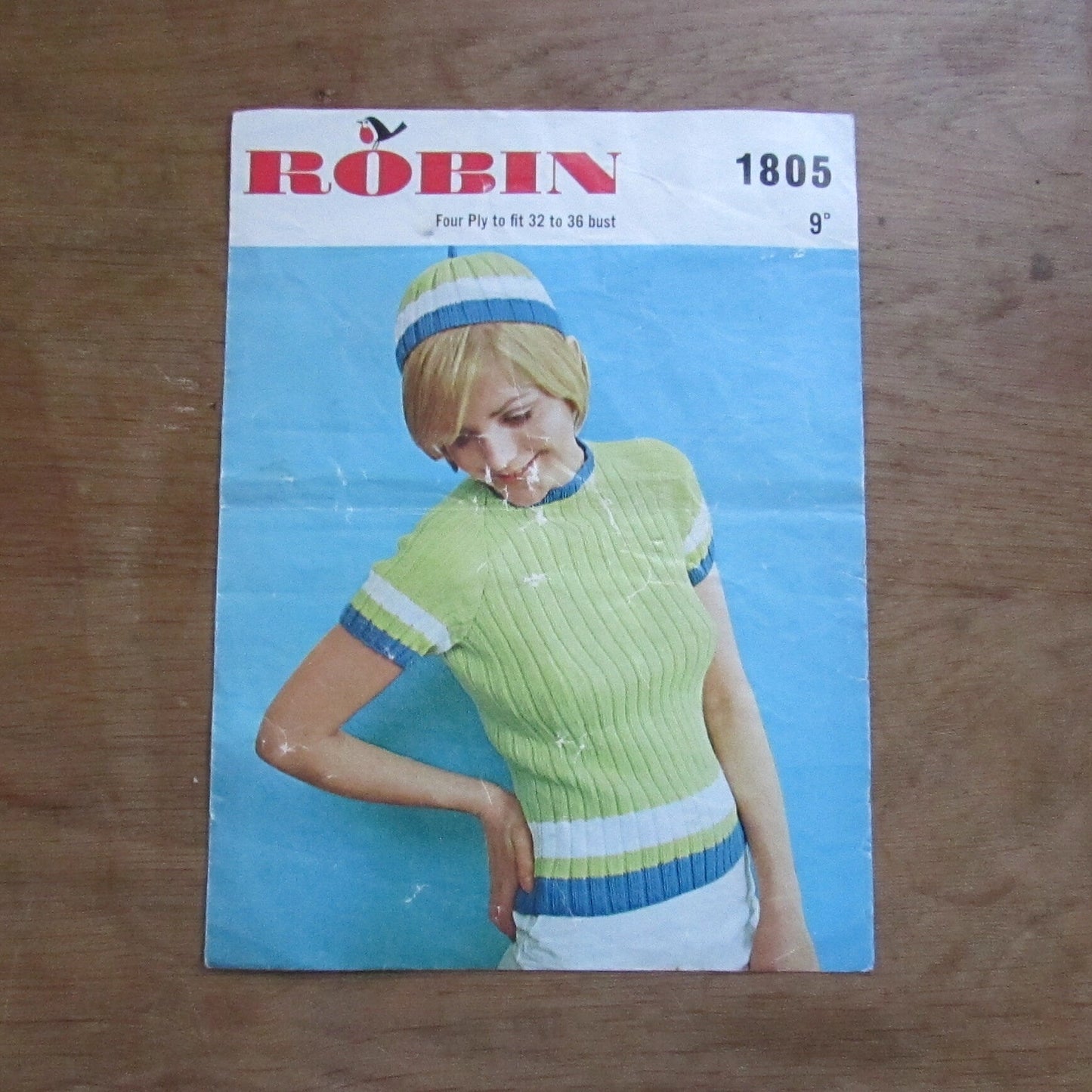 1960s Robin 1805 knitting pattern for striped sweater & cap