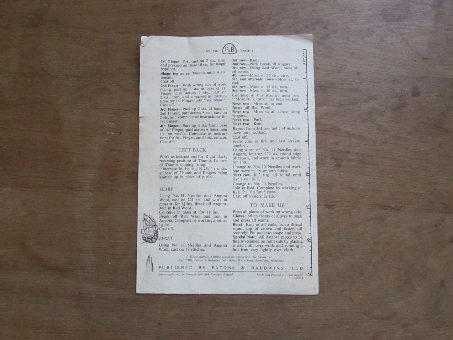 1940s Patons 256 knitting pattern for Fuzzy-Wuzzy gloves, scarf & beret