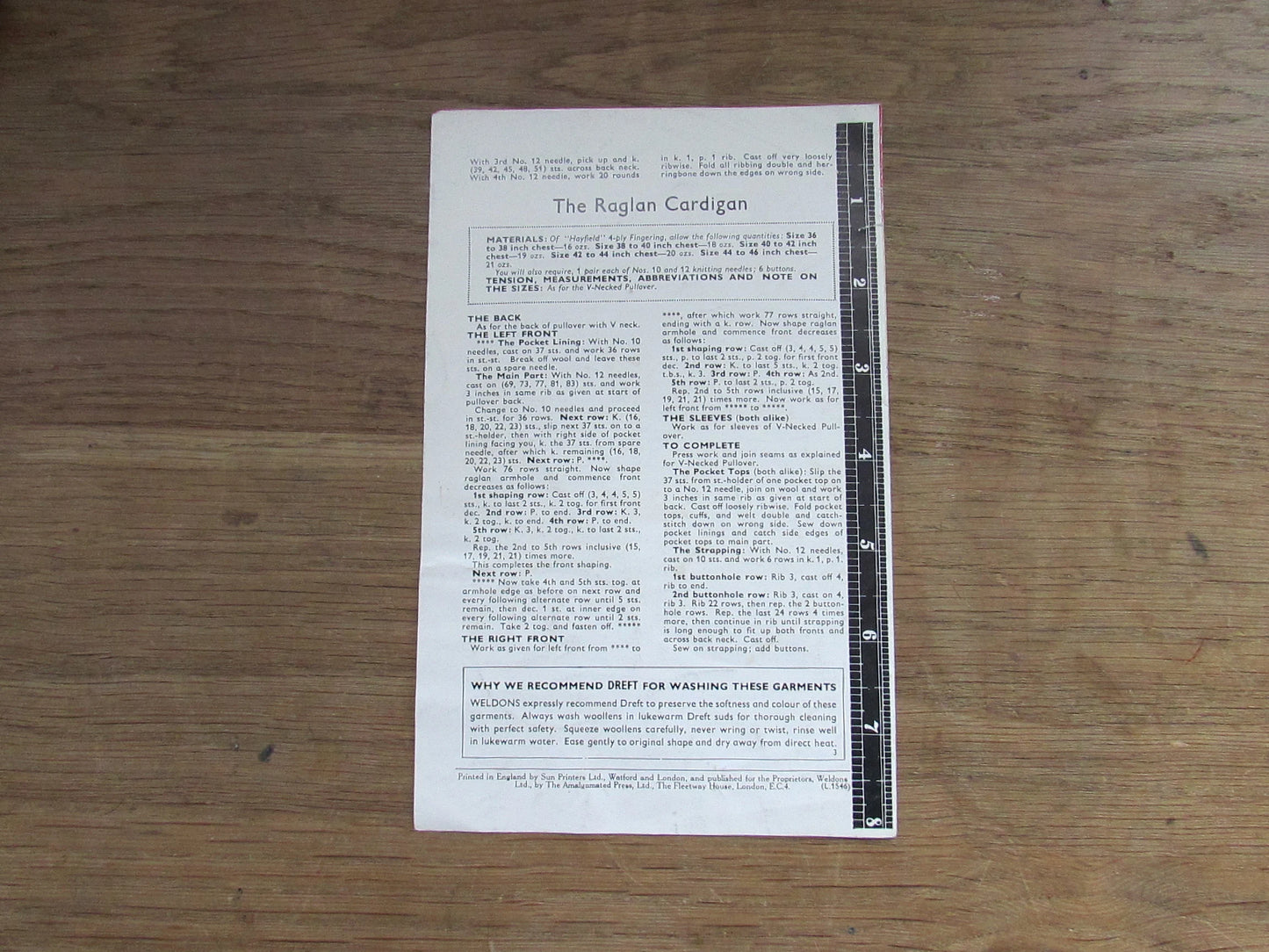 1950s Weldons Knitwear B1506 knitting pattern for Raglan cardigan crew or V-neck pullover