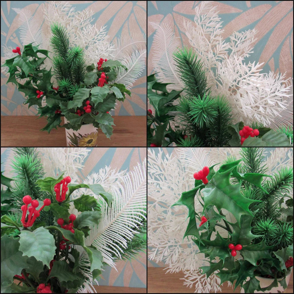 Vintage plastic green, & white Christmas foliage (ostrich feathers, tree leaves, pine branches, and holly)