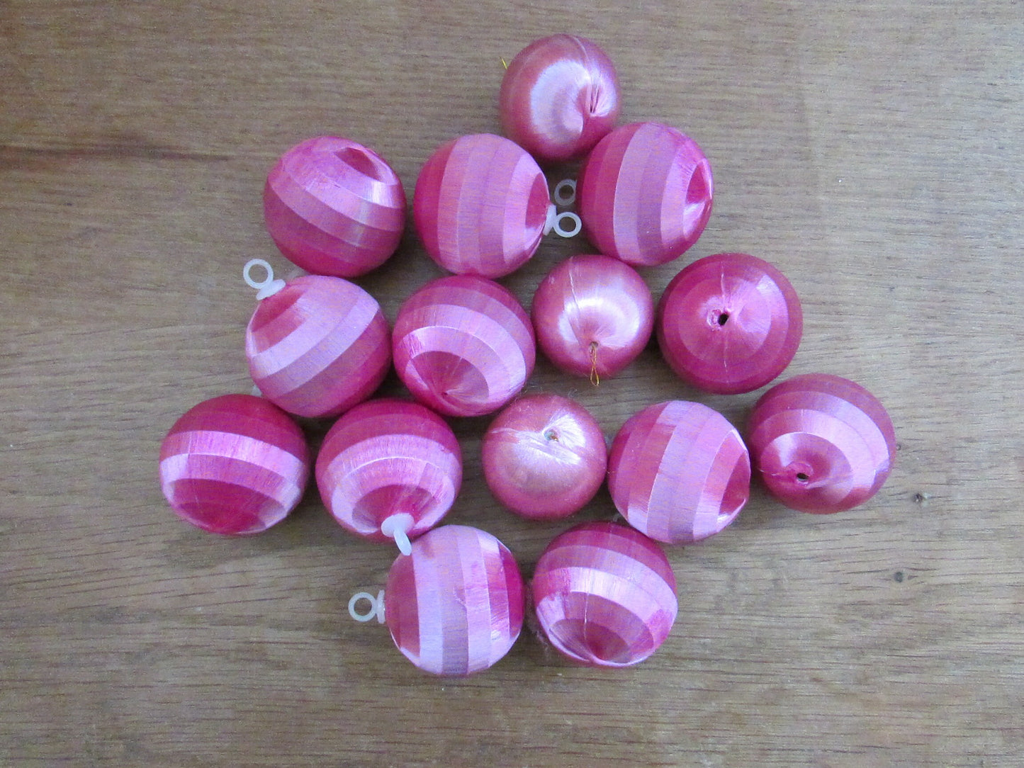 Mid-century jewel-coloured spun satin/silk bauble bundle, including apples with gold leaves