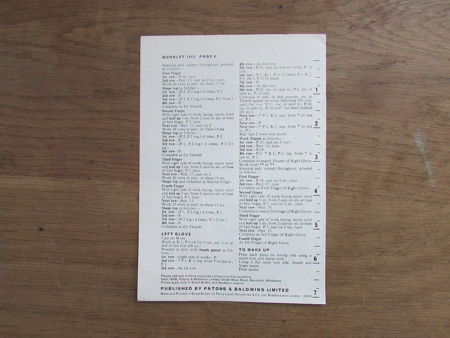 1950s P&B Patons 1312 knitting pattern for gloves and mitts for men