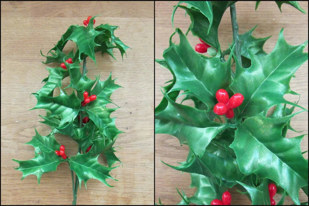 Vintage plastic green, & white Christmas foliage (ostrich feathers, tree leaves, pine branches, and holly)