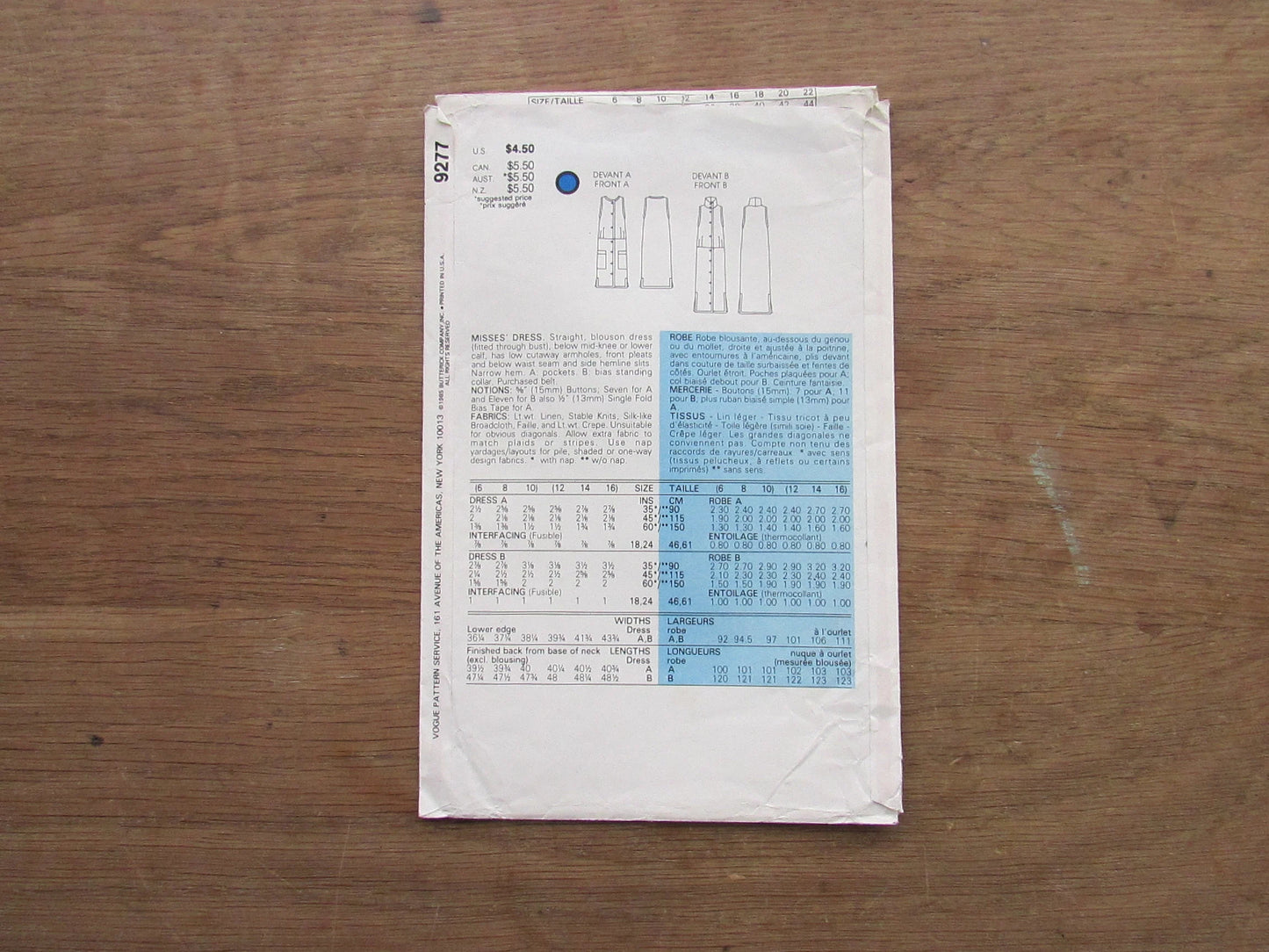 Part cut 1980s Vogue 9277 sewing pattern for misses' straight blouson dress, sizes 12 to 16 (cut to size 16, complete)