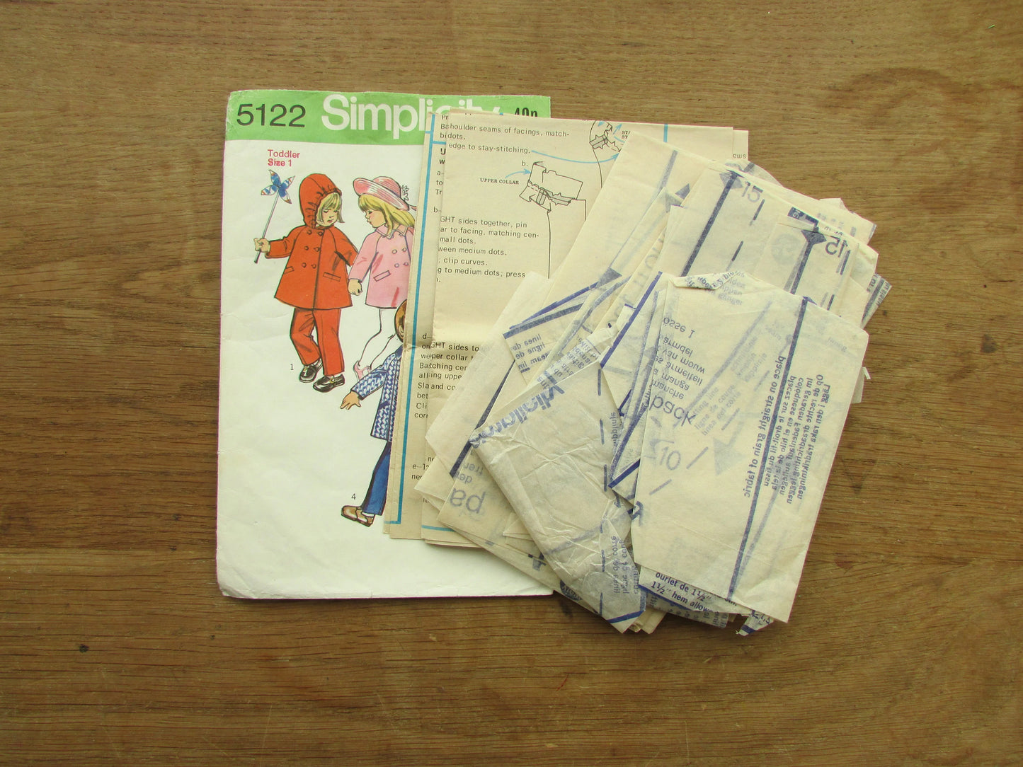 Part cut 1972 Simplicity 5122 sewing pattern for toddler's coat with or without hood & pants, size 1 (complete)
