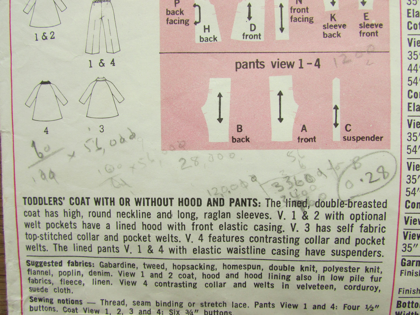 Part cut 1972 Simplicity 5122 sewing pattern for toddler's coat with or without hood & pants, size 1 (complete)