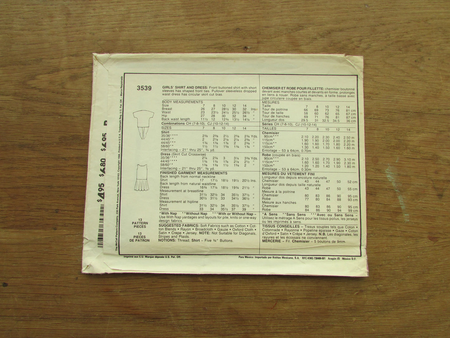 Uncut 1988 McCall's 3539 sewing pattern for girls' skirt & dress, sizes 10-12-14 (complete)