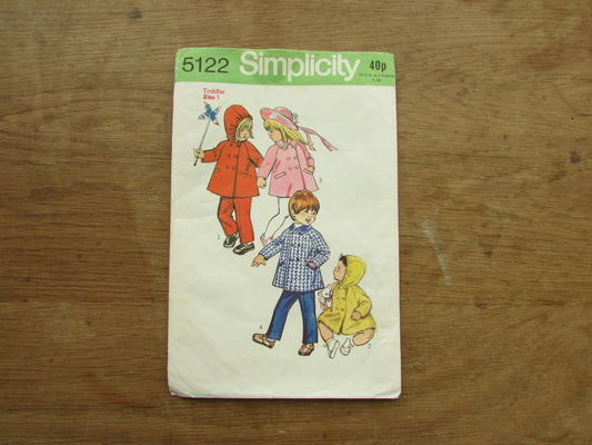 Part cut 1972 Simplicity 5122 sewing pattern for toddler's coat with or without hood & pants, size 1 (complete)