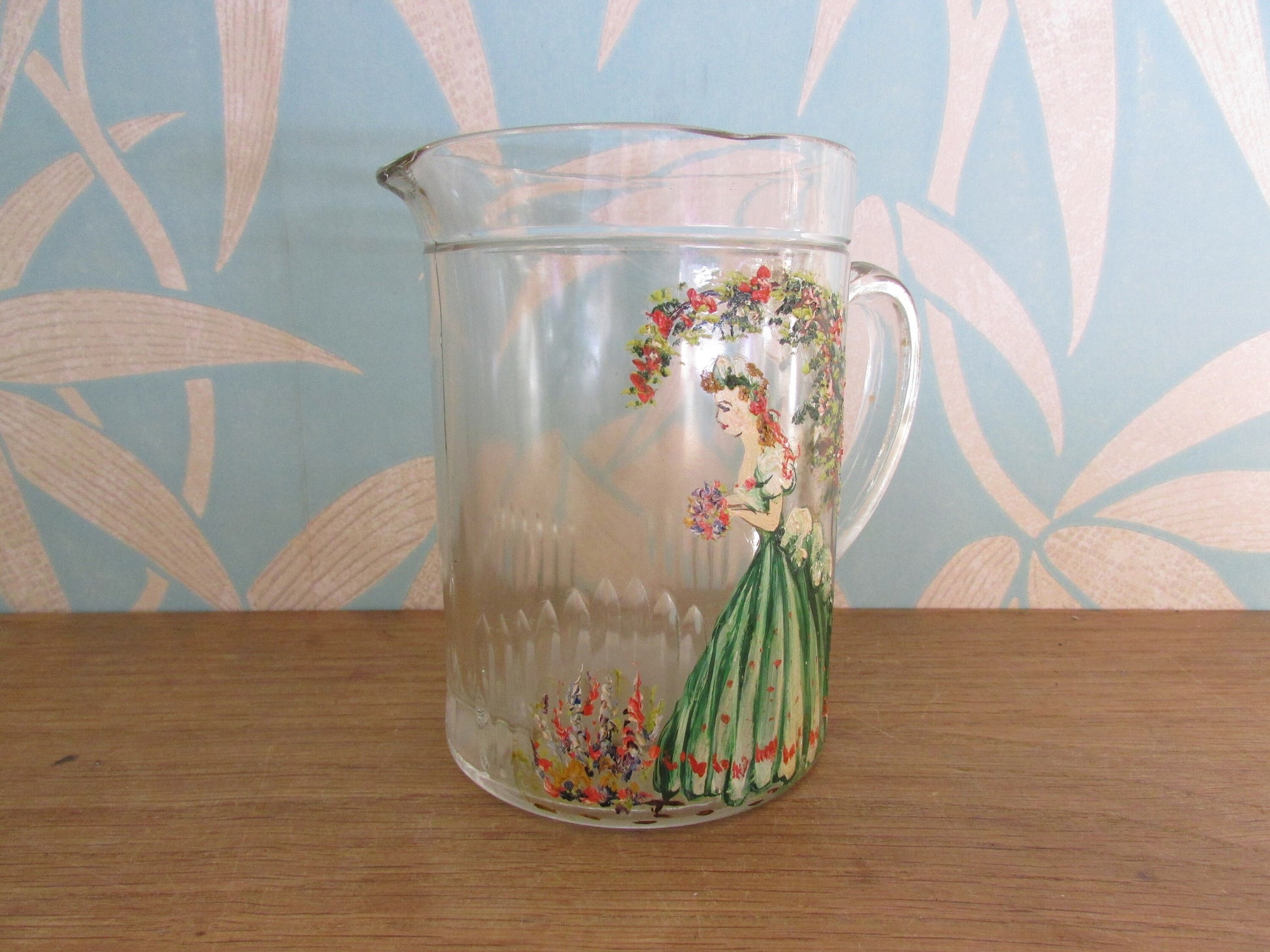 1930s glass pitcher/jug, hand-painted Crinoline lady detail