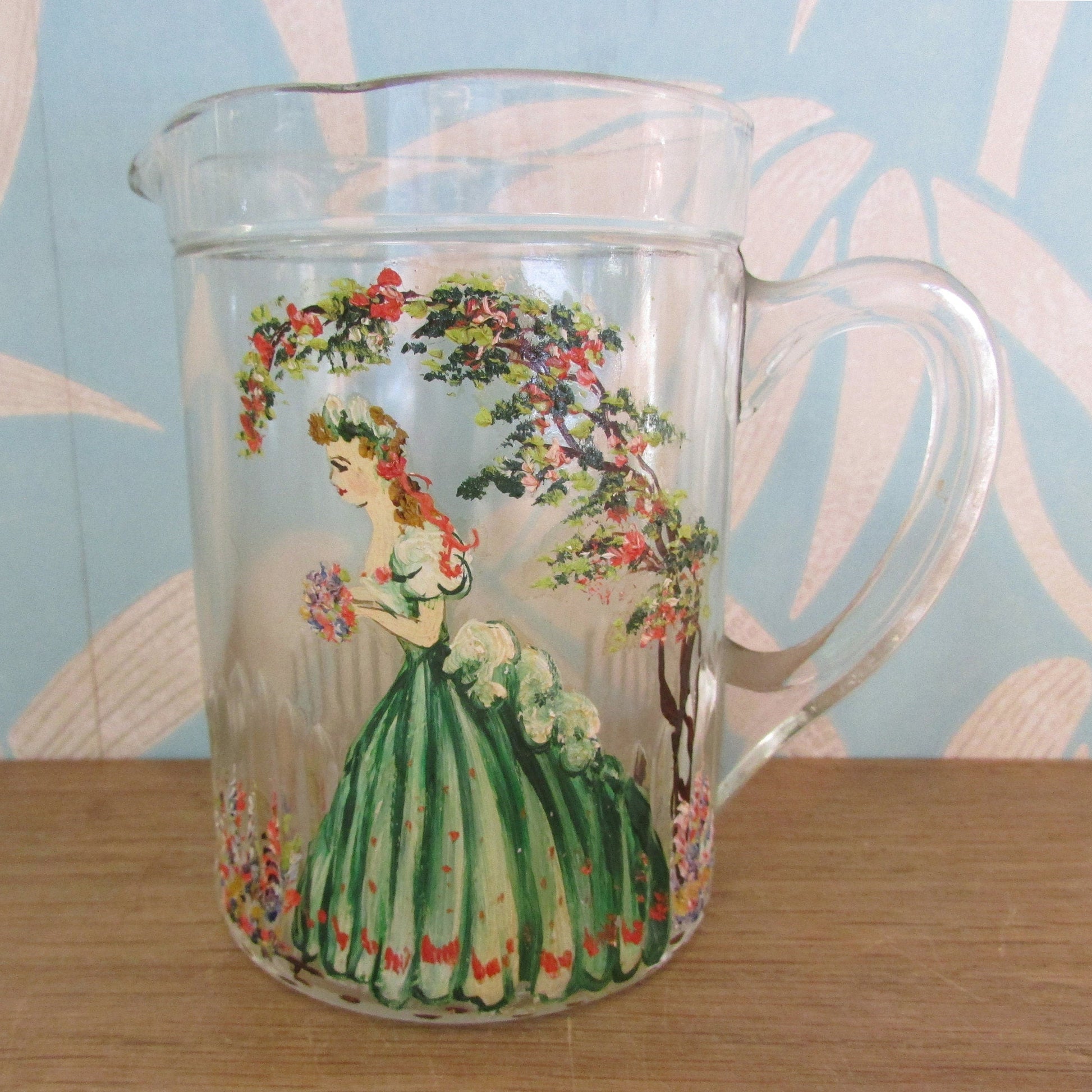 1930s glass pitcher/jug, hand-painted Crinoline lady detail