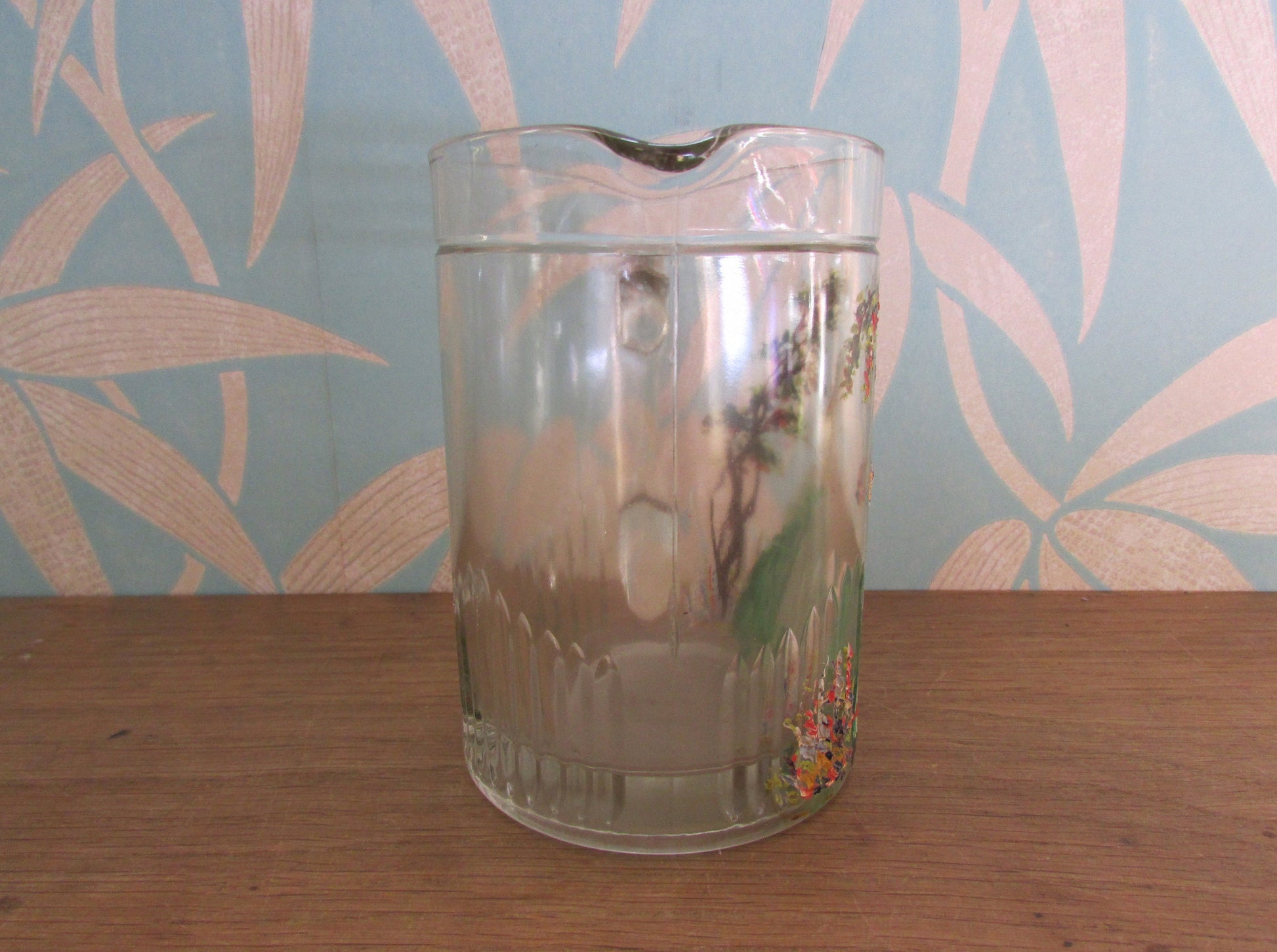 1930s glass pitcher/jug, hand-painted Crinoline lady detail
