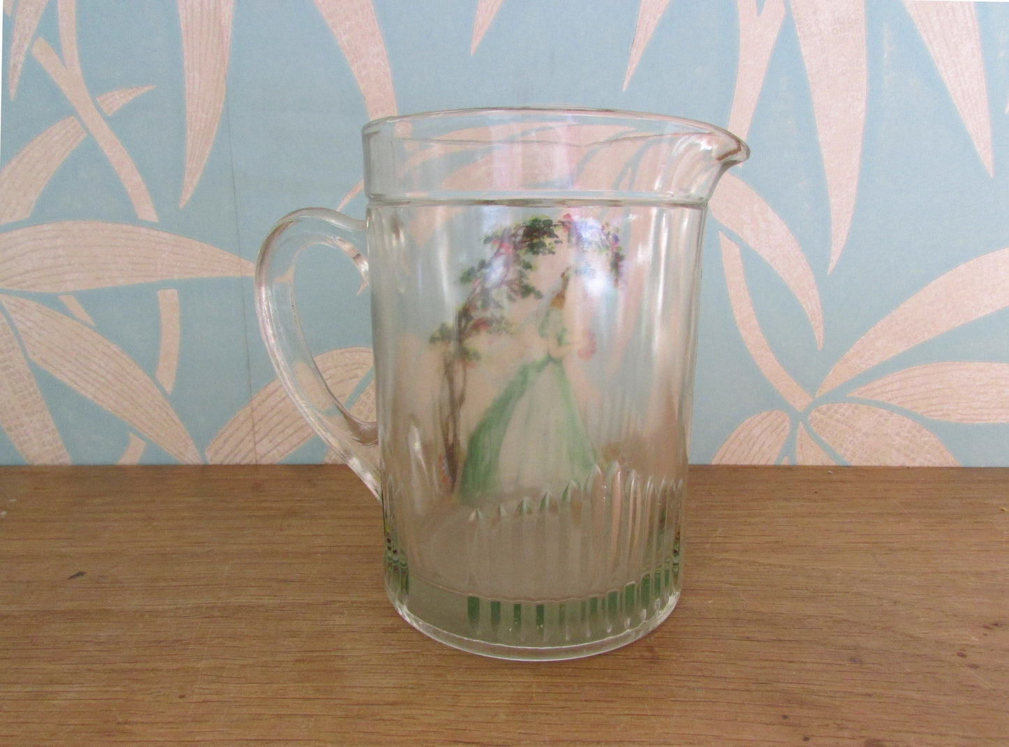 1930s glass pitcher/jug, hand-painted Crinoline lady detail