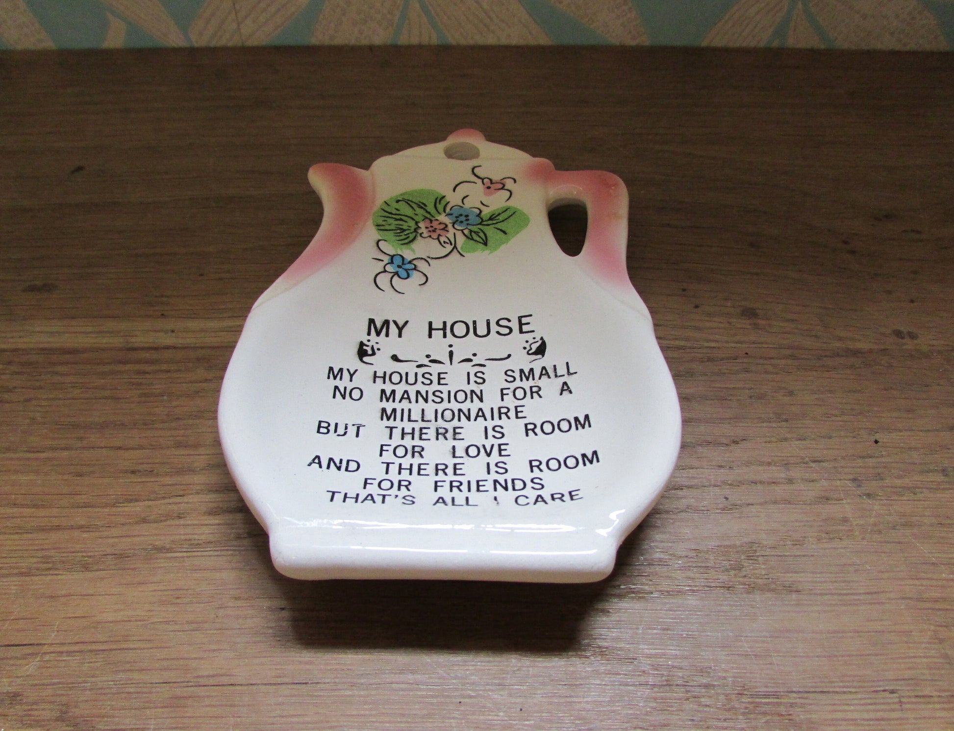 Vintage 'My House' kitchen prayer ceramic coffee pot-shaped spoon rest