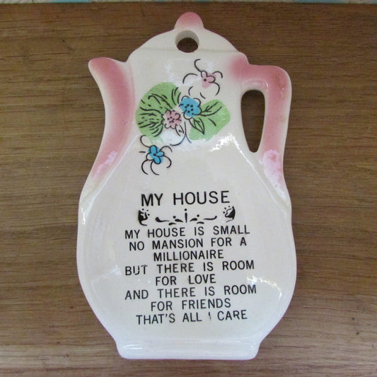 Vintage 'My House' kitchen prayer ceramic coffee pot-shaped spoon rest