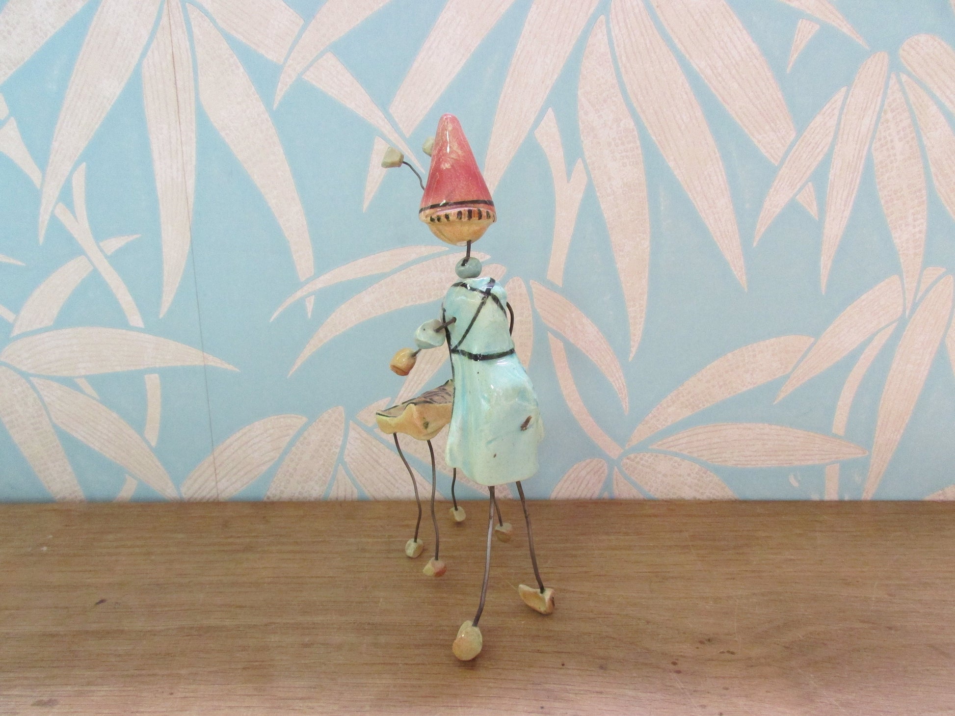 Rare mid-century Accolay wire & ceramic ant barbecuing fish ornament