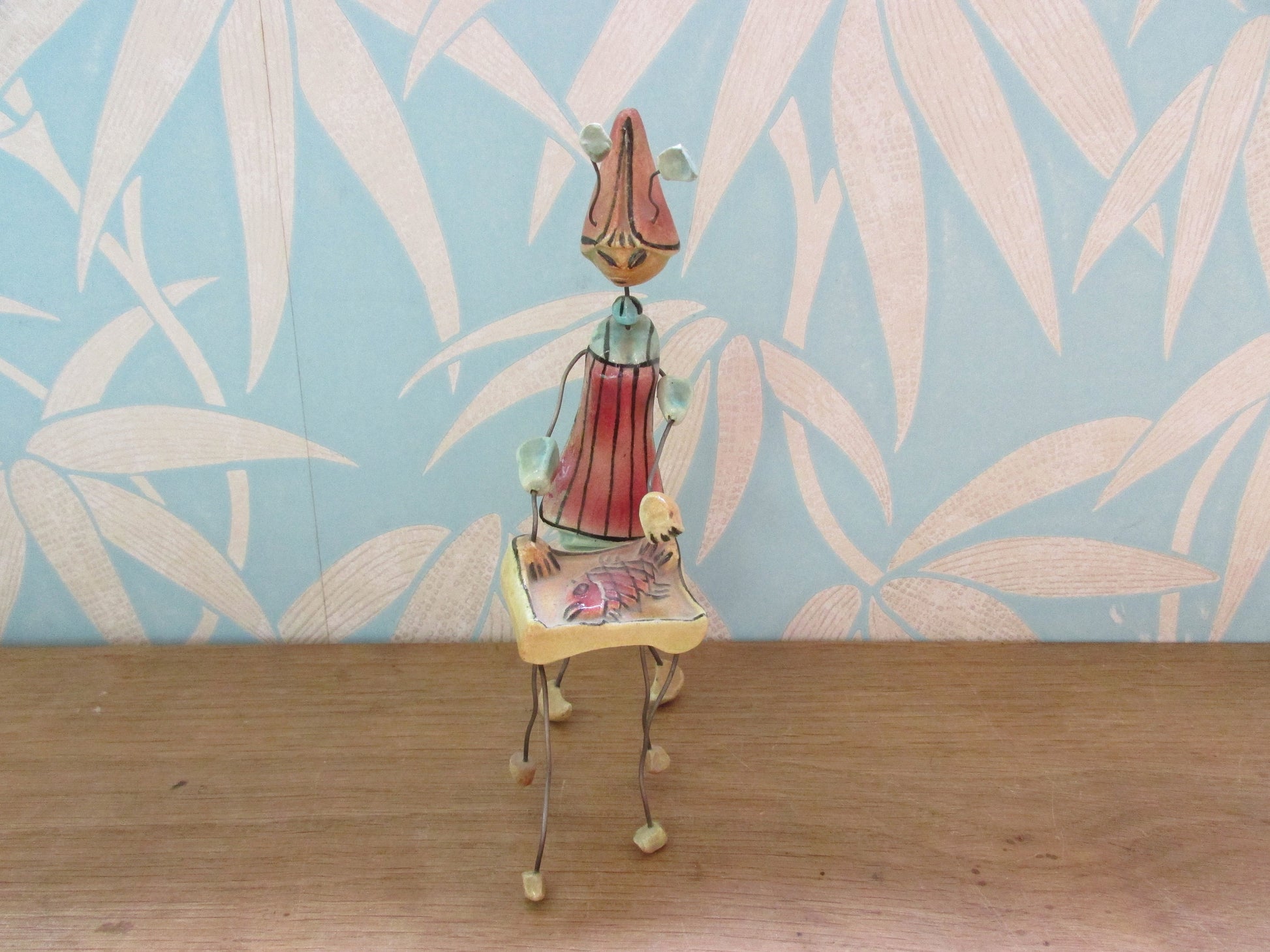 Rare mid-century Accolay wire & ceramic ant barbecuing fish ornament