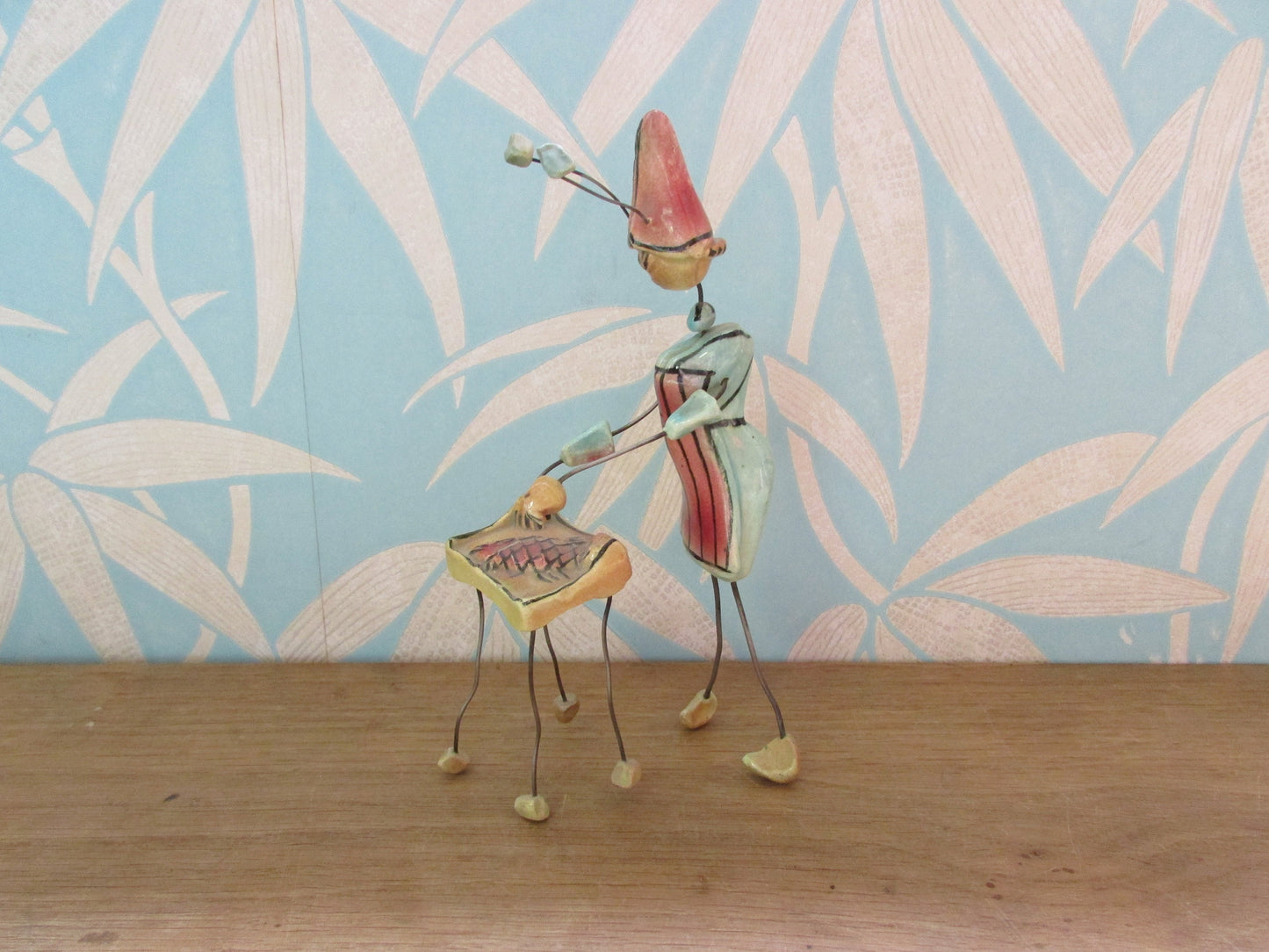 Rare mid-century Accolay wire & ceramic ant barbecuing fish ornament