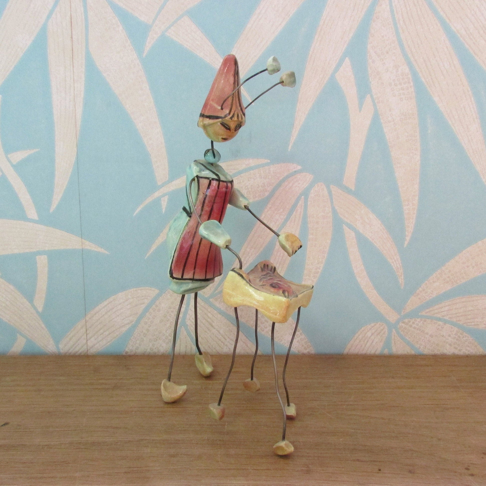 Rare mid-century Accolay wire & ceramic ant barbecuing fish ornament