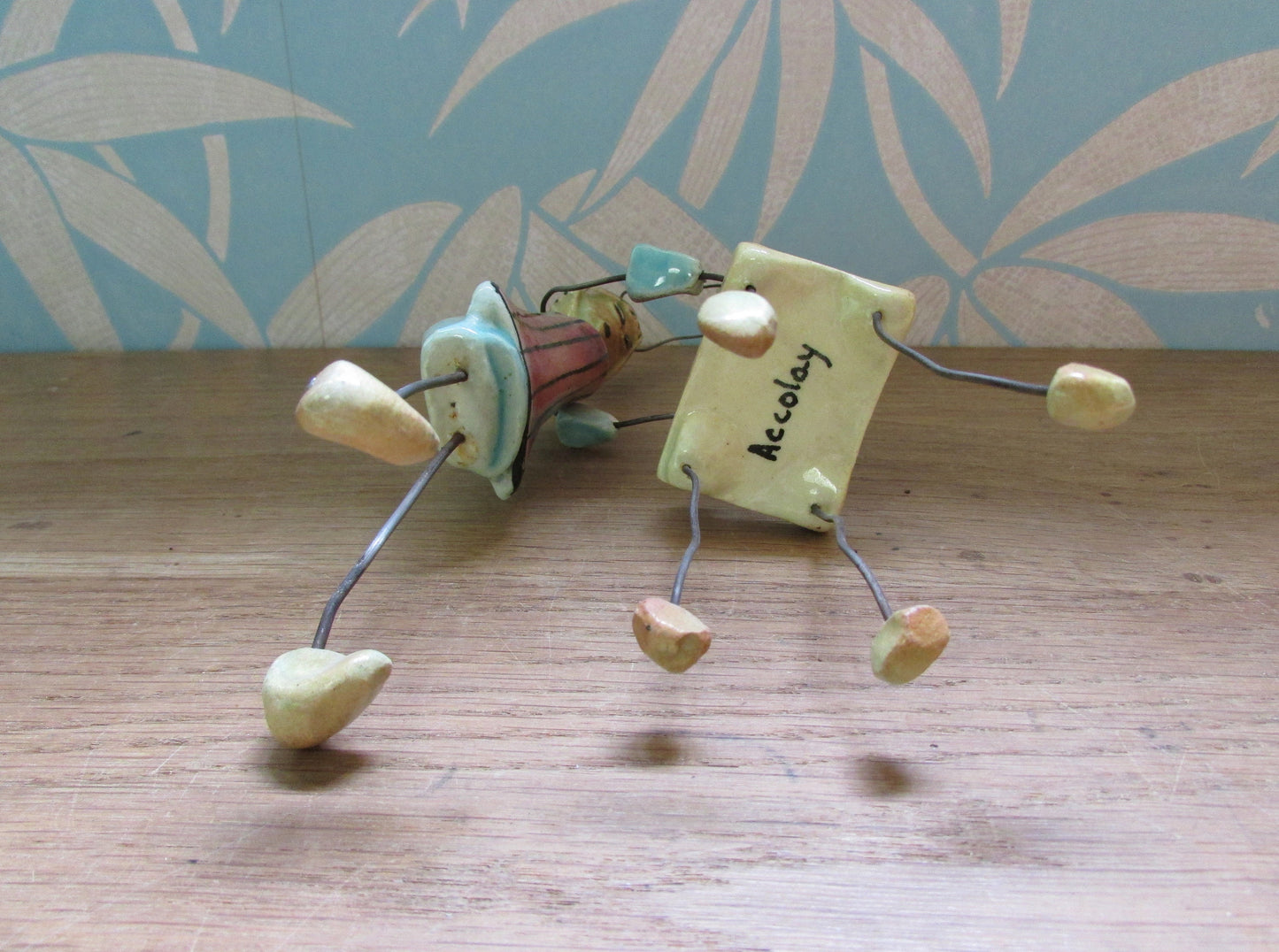 Rare mid-century Accolay wire & ceramic ant barbecuing fish ornament