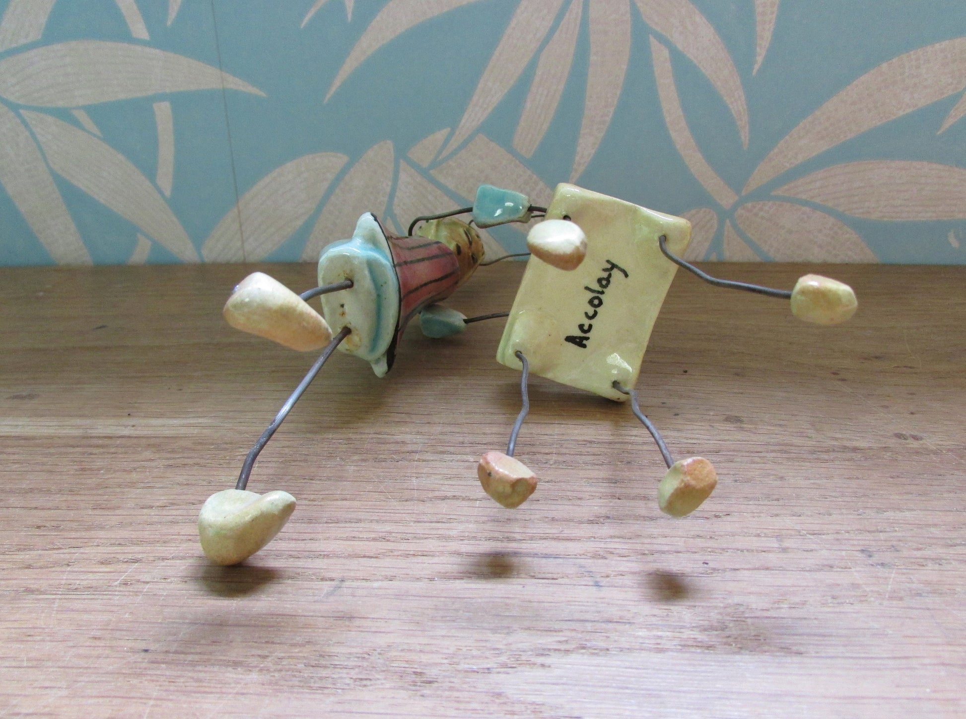 Rare mid-century Accolay wire & ceramic ant barbecuing fish ornament
