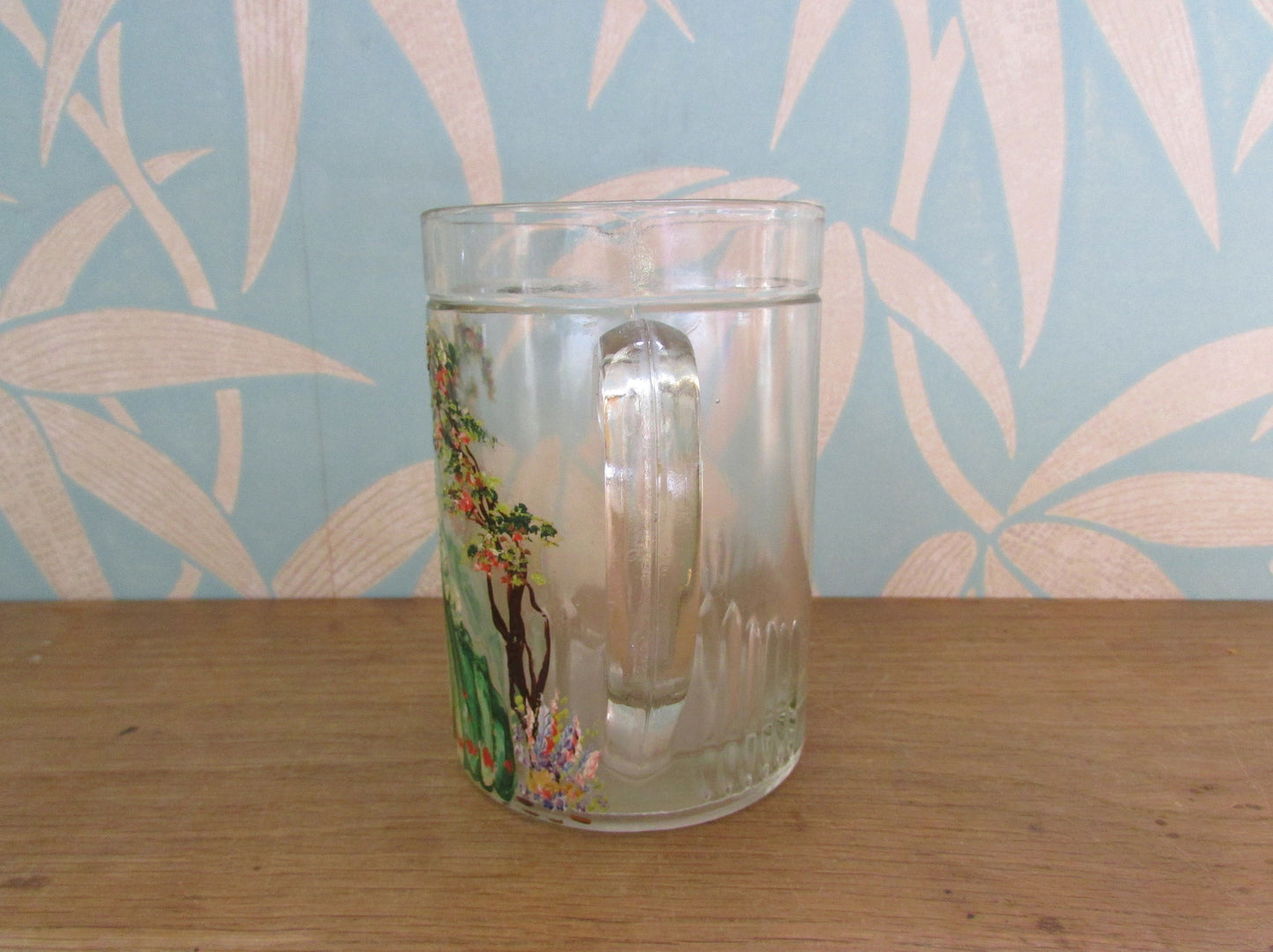 1930s glass pitcher/jug, hand-painted Crinoline lady detail