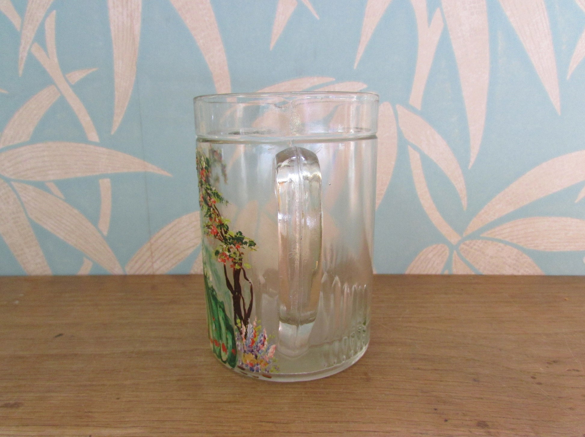 1930s glass pitcher/jug, hand-painted Crinoline lady detail