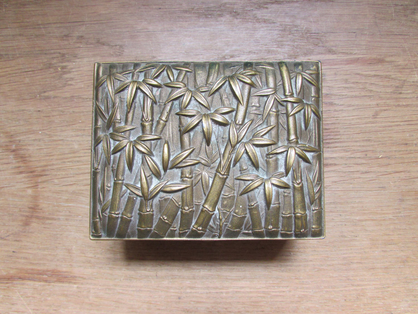 Vintage Asahi Shoten brass-effect lidded trinket/cigarette box with embossed bamboo design