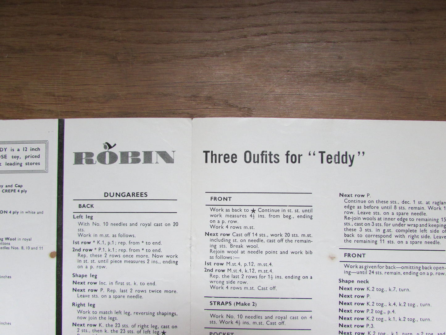 1960s/70s Robin 1175 knitting pattern for three outfits for "Teddy"