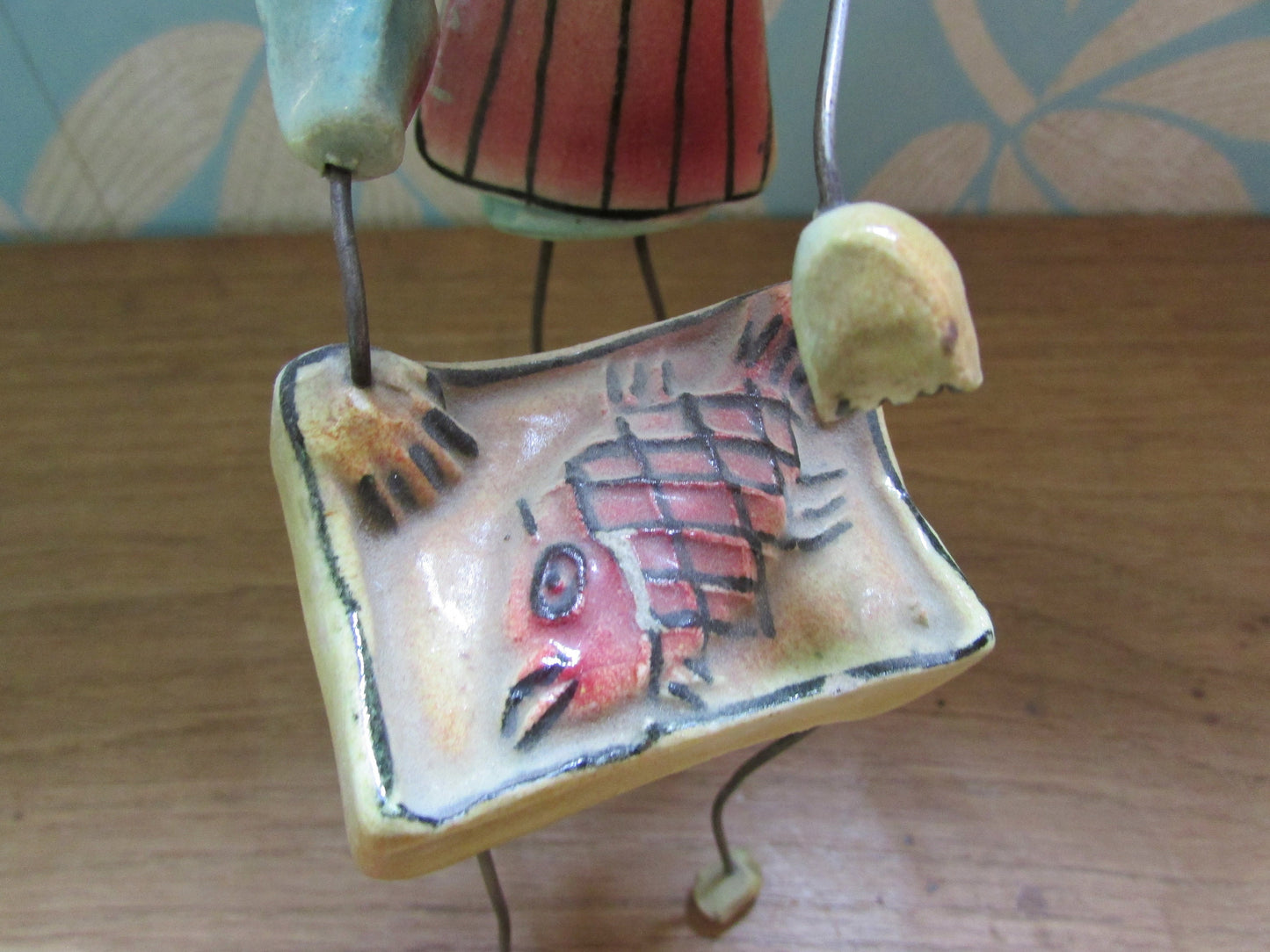 Rare mid-century Accolay wire & ceramic ant barbecuing fish ornament