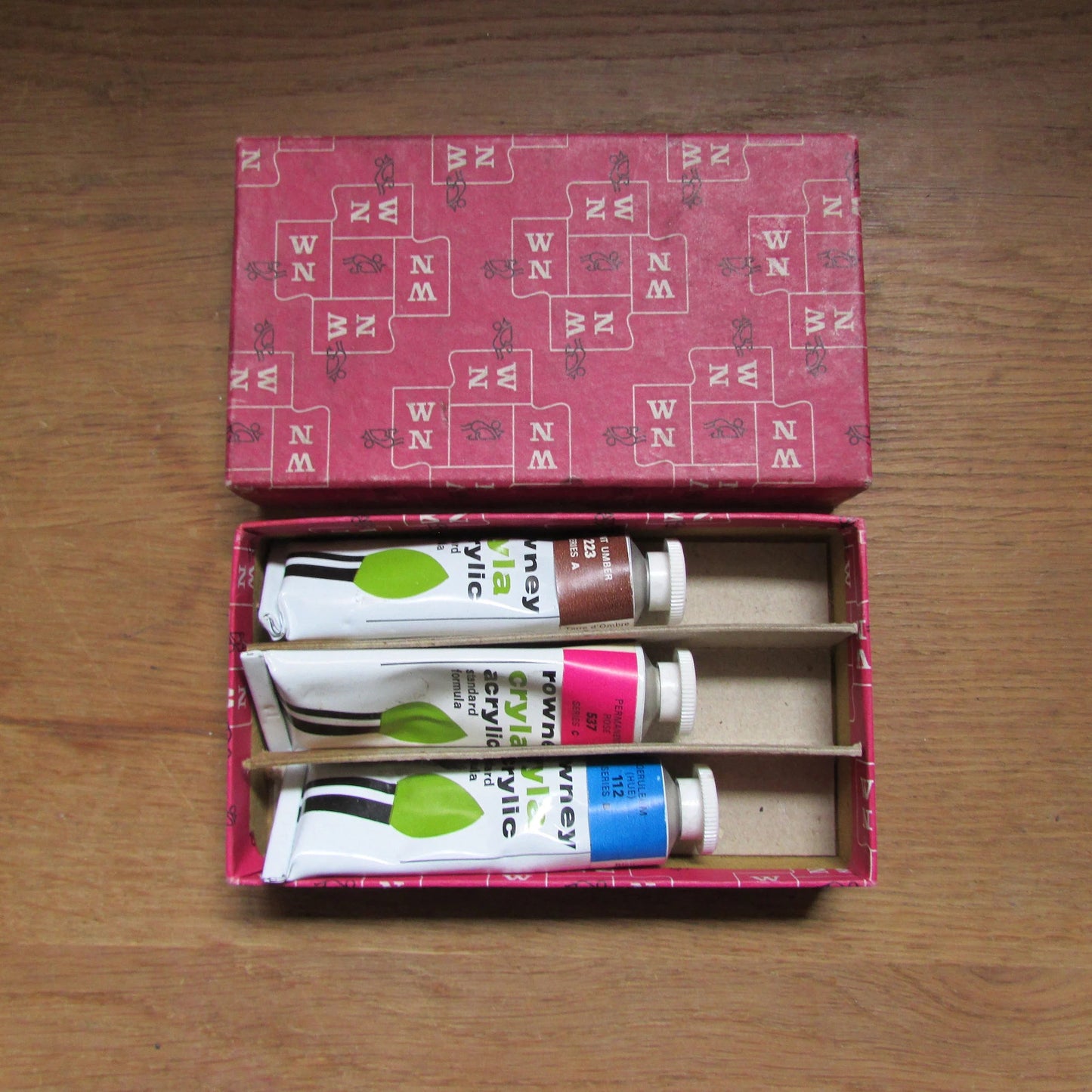 Three vintage Rowney Cryla acrylics (used) in Winsor Newton (Budget Oil Colour) box