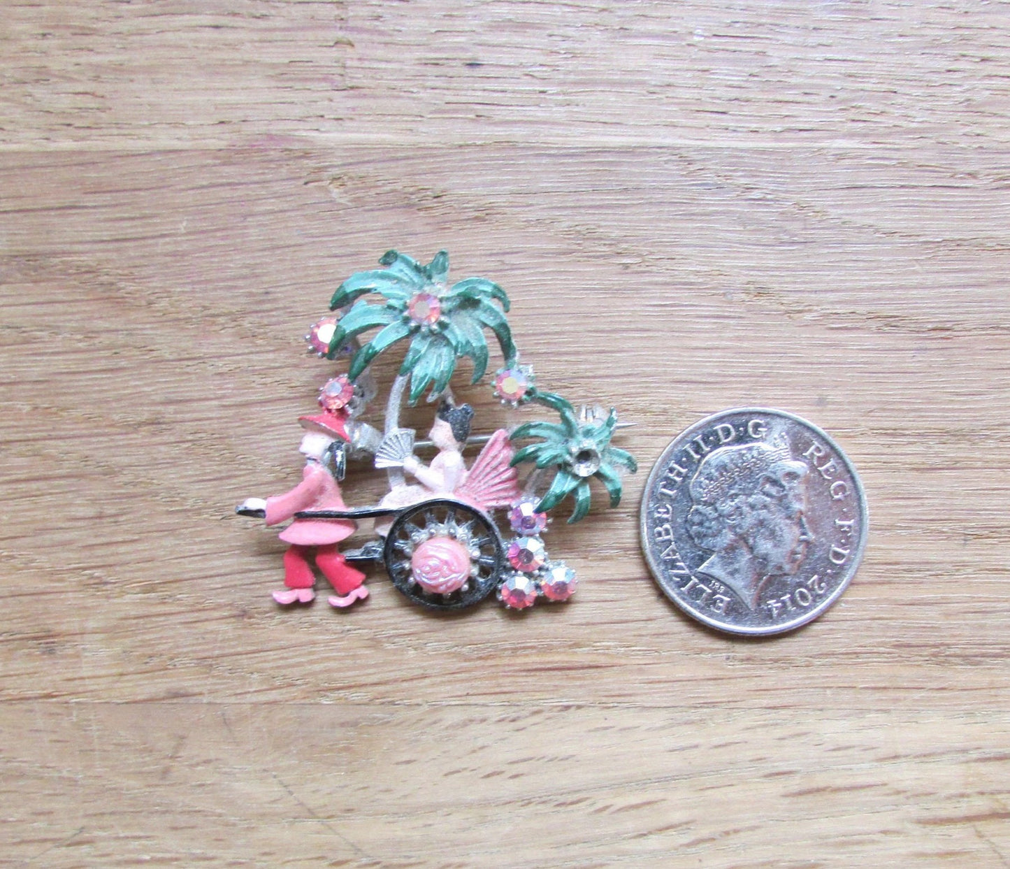 Mid-century cold painted enamel Japanese rickshaw brooch with diamanté detail
