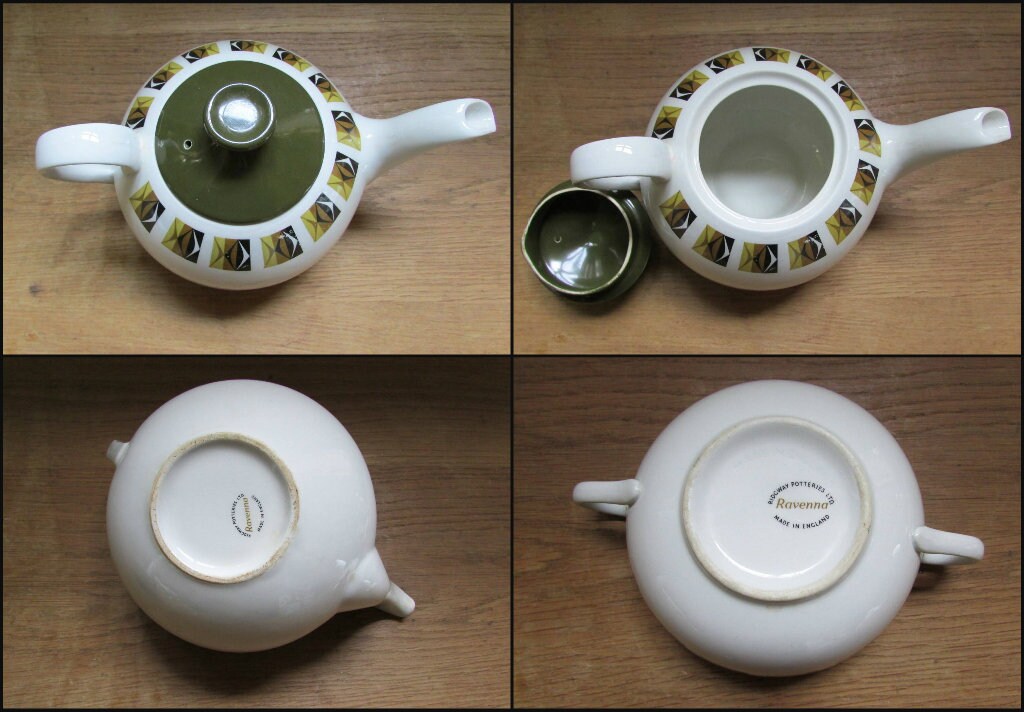 1960s Ridgeway Potteries Ltd "Ravenna" teapot, and twin-handled mugs/soup bowls