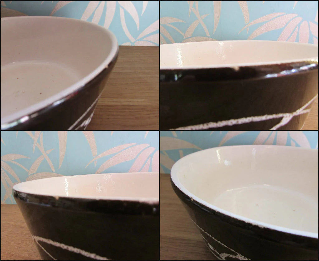1970s large stoneware pate dish, black with white curved linear pattern