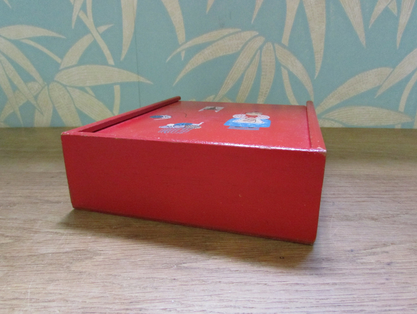 1970s whatnot/sewing slide lid red box with granny knitting transfers